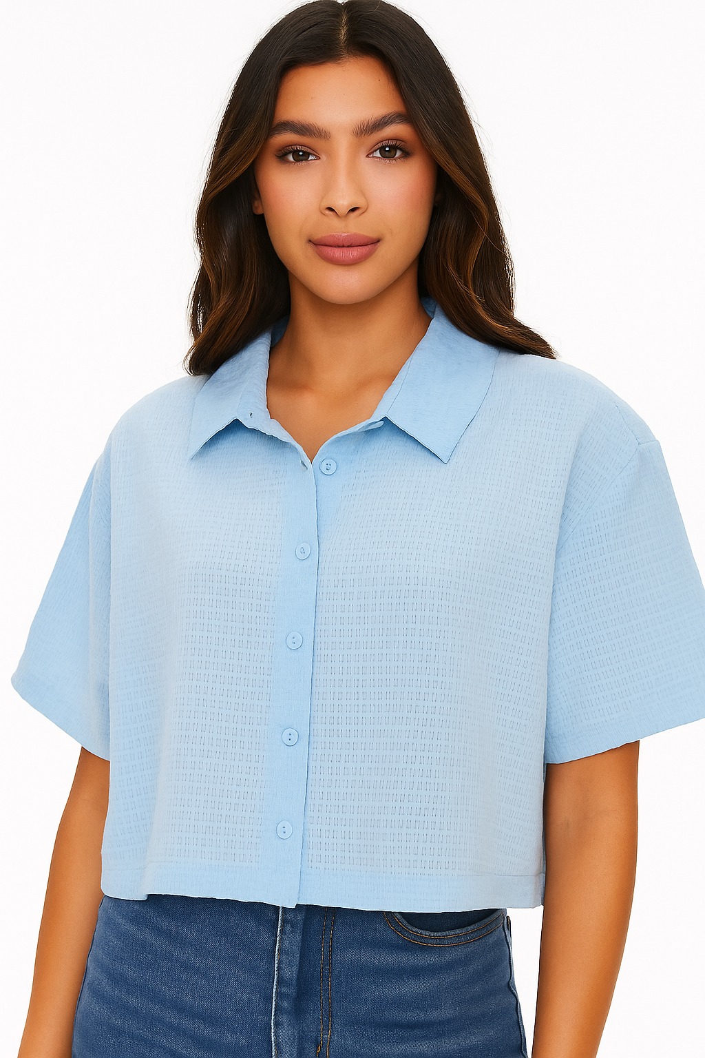 Light Blue Textured Short Sleeve Button-Down Crop Shirt