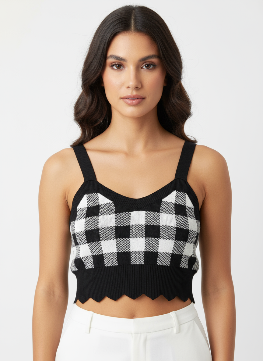 Checkered Knit Crop Top – Black & White Sleeveless Chic