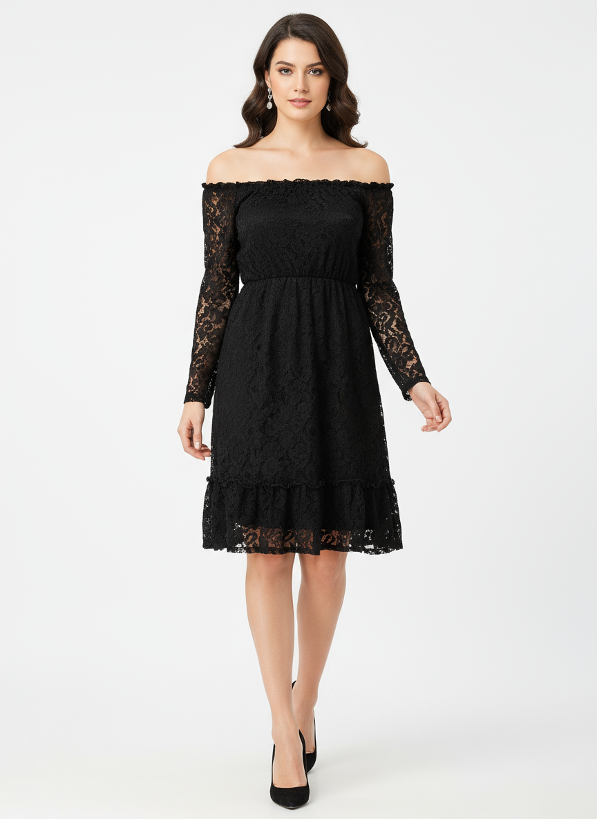 Elegant Black Lace Off-Shoulder Midi Dress