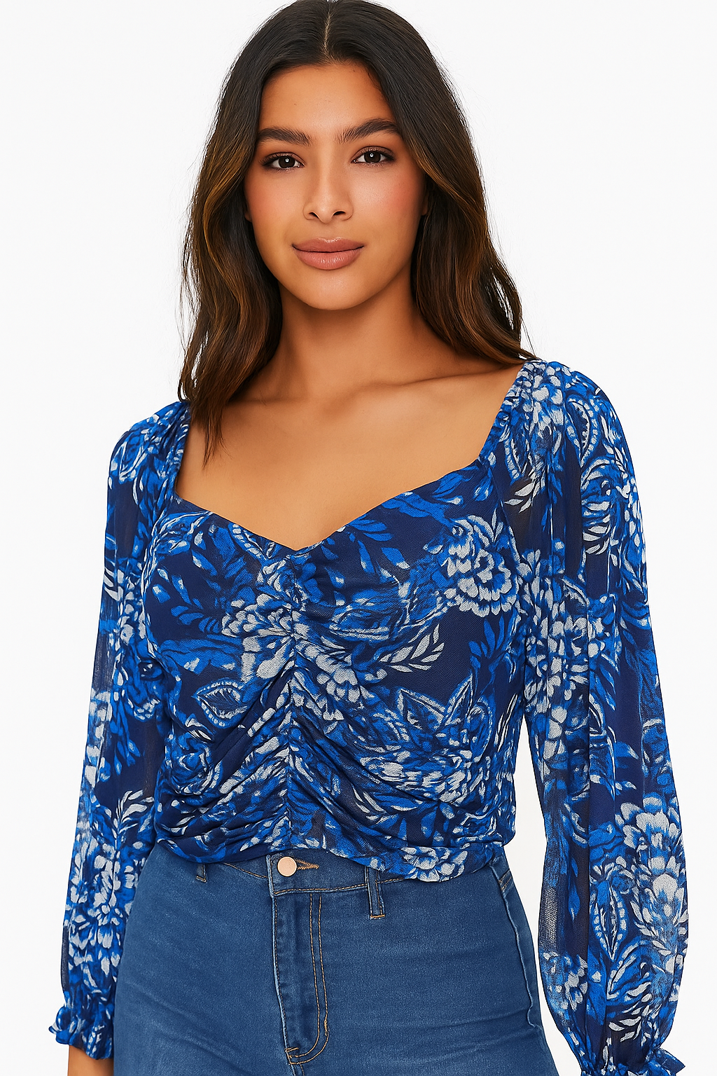 Blue Floral Ruched Sweetheart Neck Top