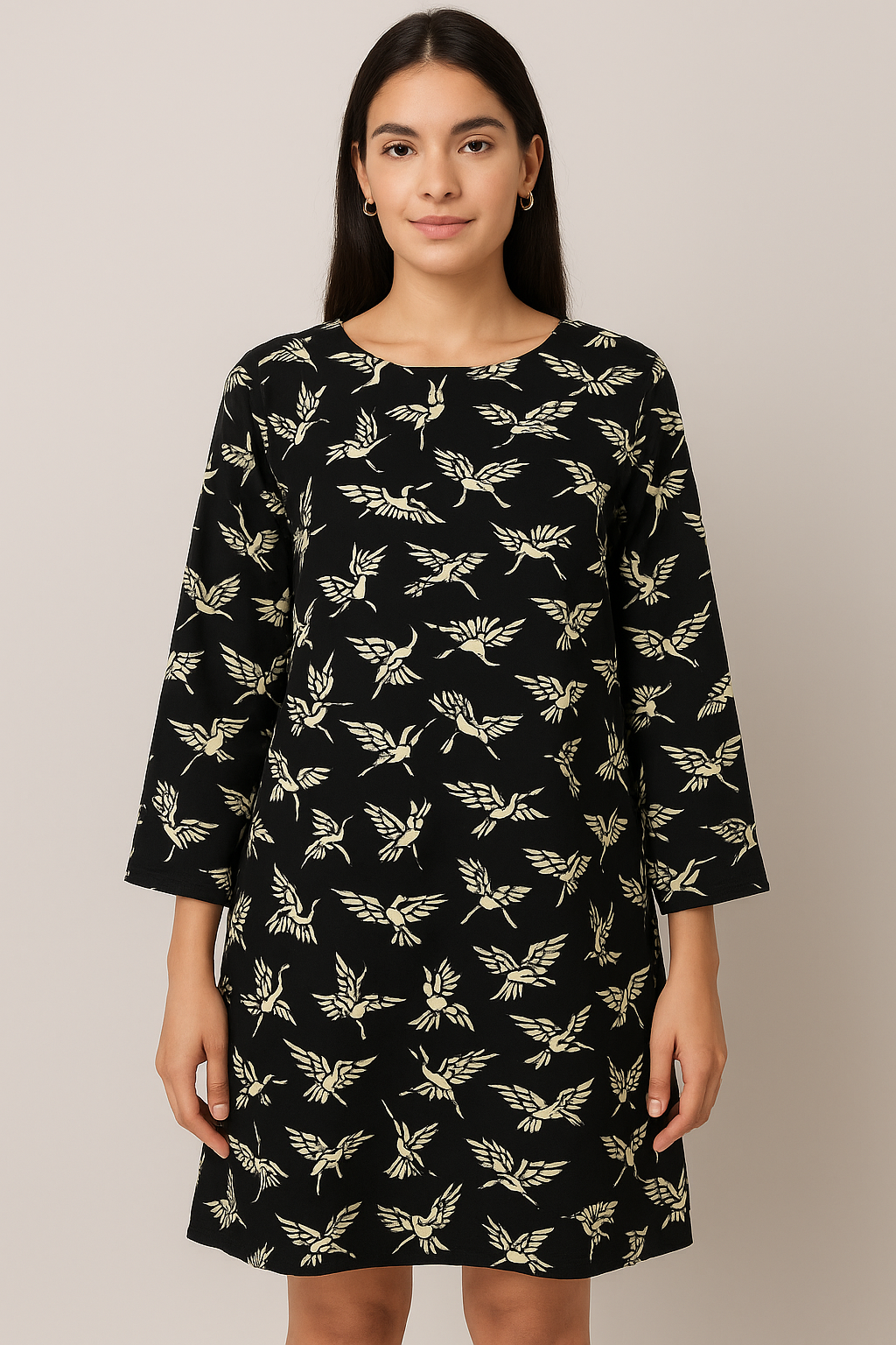 Women’s Black A-Line Mini Dress with Beige Bird Print | 3/4 Sleeve Round Neck Casual & Party Wear Dress