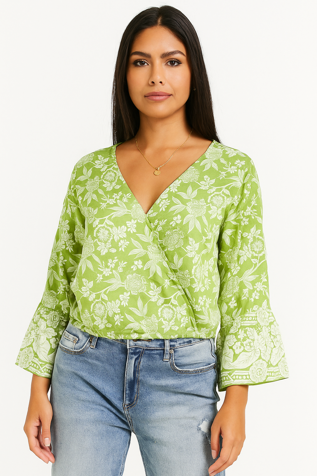 Women’s Green Floral Print V-Neck Wrap Top with Bell Sleeves – Casual Stylish Blouse for Jeans & Trousers