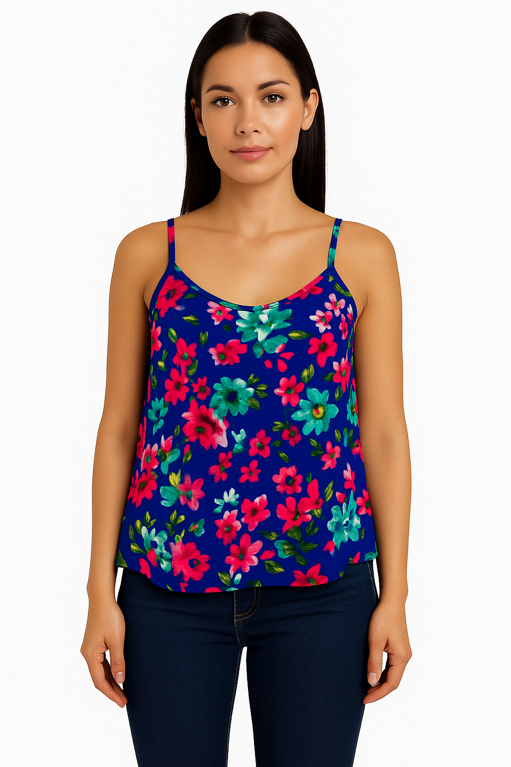 Women's Blue Floral Print Camisole Top – Sleeveless Strappy Blouse Top