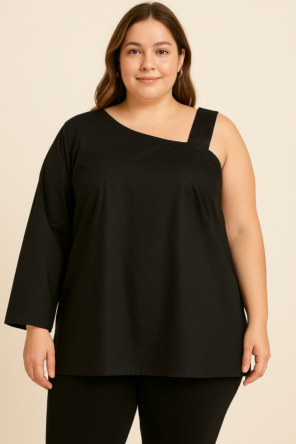 Women’s Plus Size Black One Shoulder Top – Stylish Asymmetric Sleeve Blouse