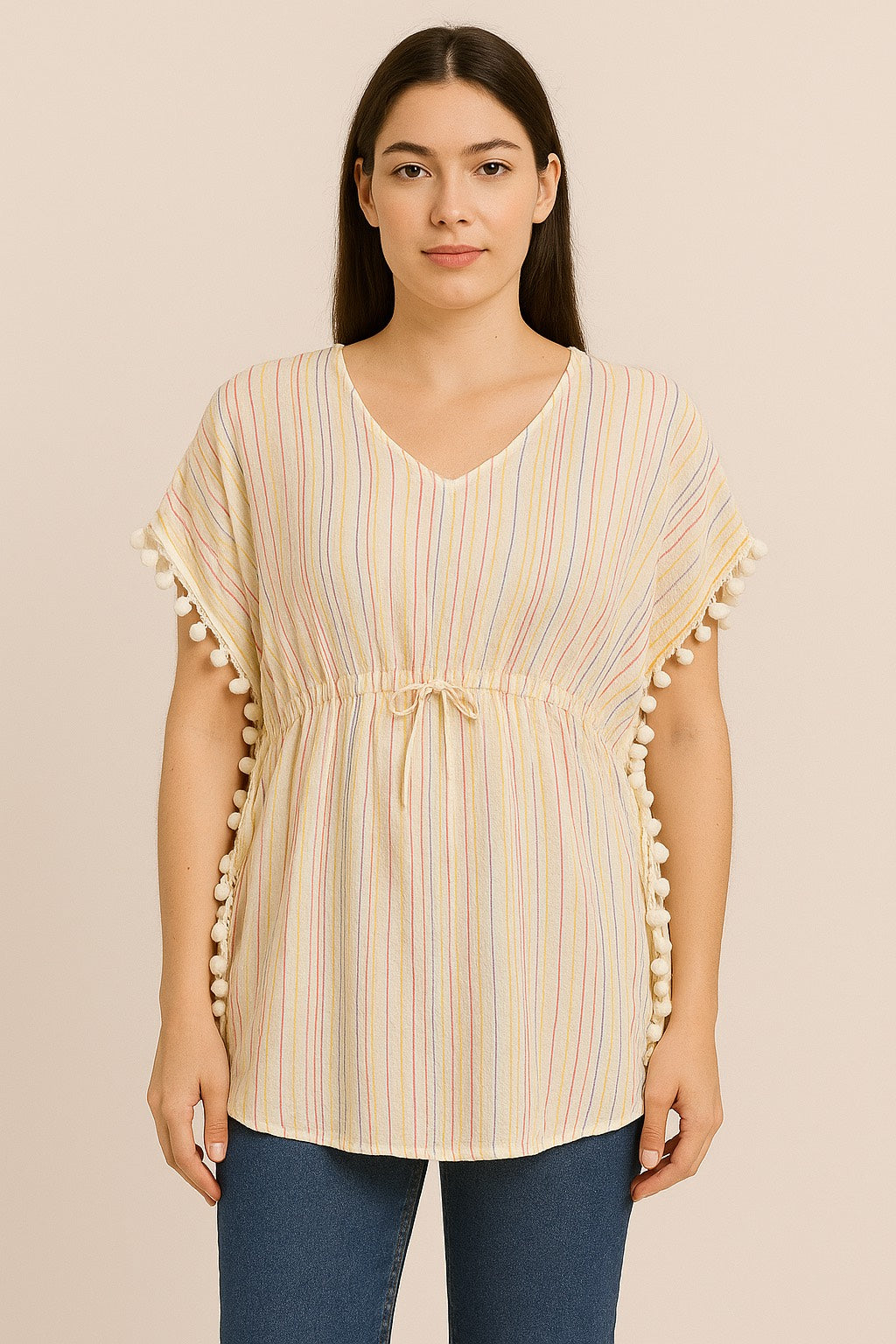 Women’s Multicolor Striped Casual Top with Pom-Pom Detailing | V-Neck Short Sleeve Tunic
