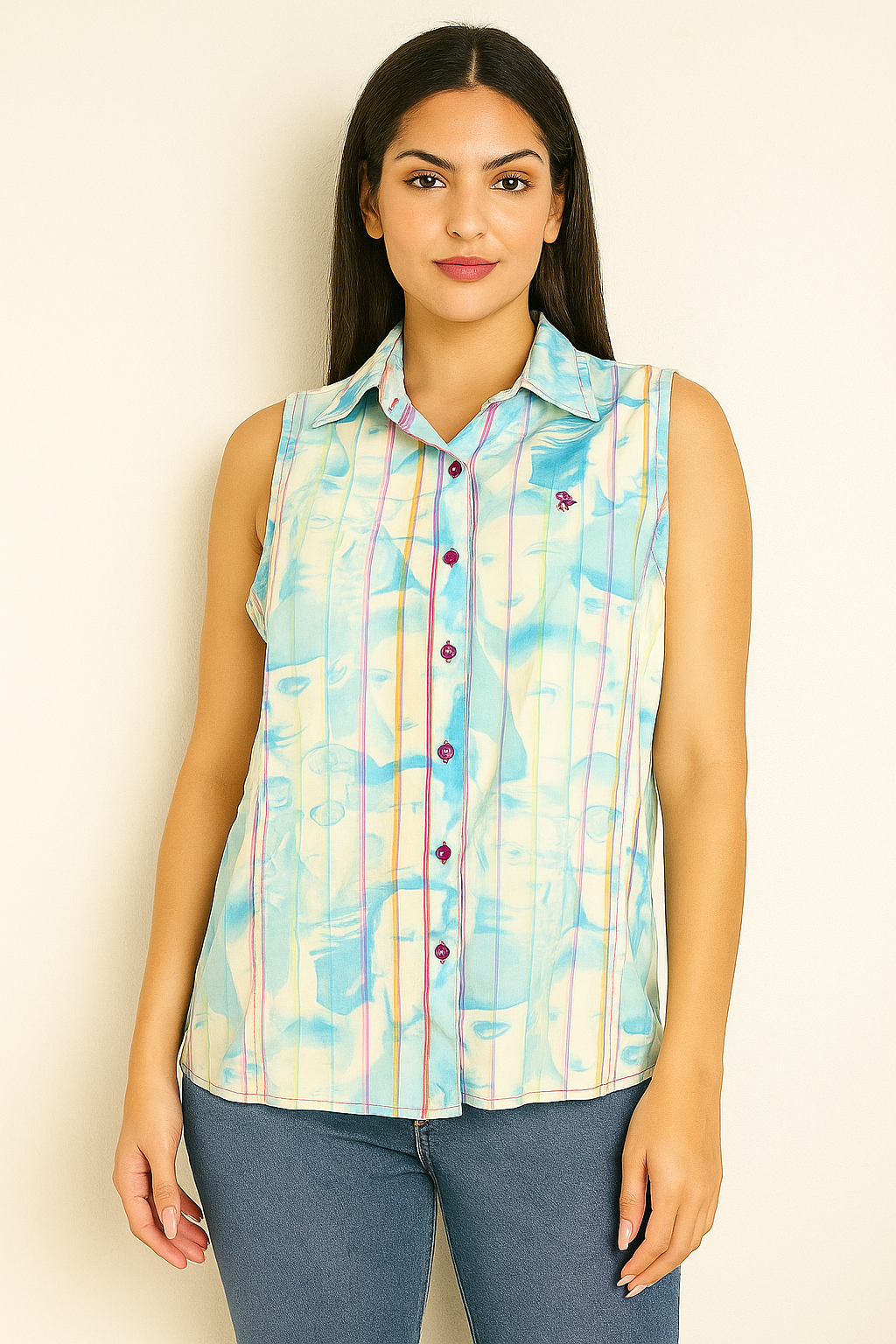 Women’s Sleeveless Printed Button-Down Shirt – Pastel Blue & Pink