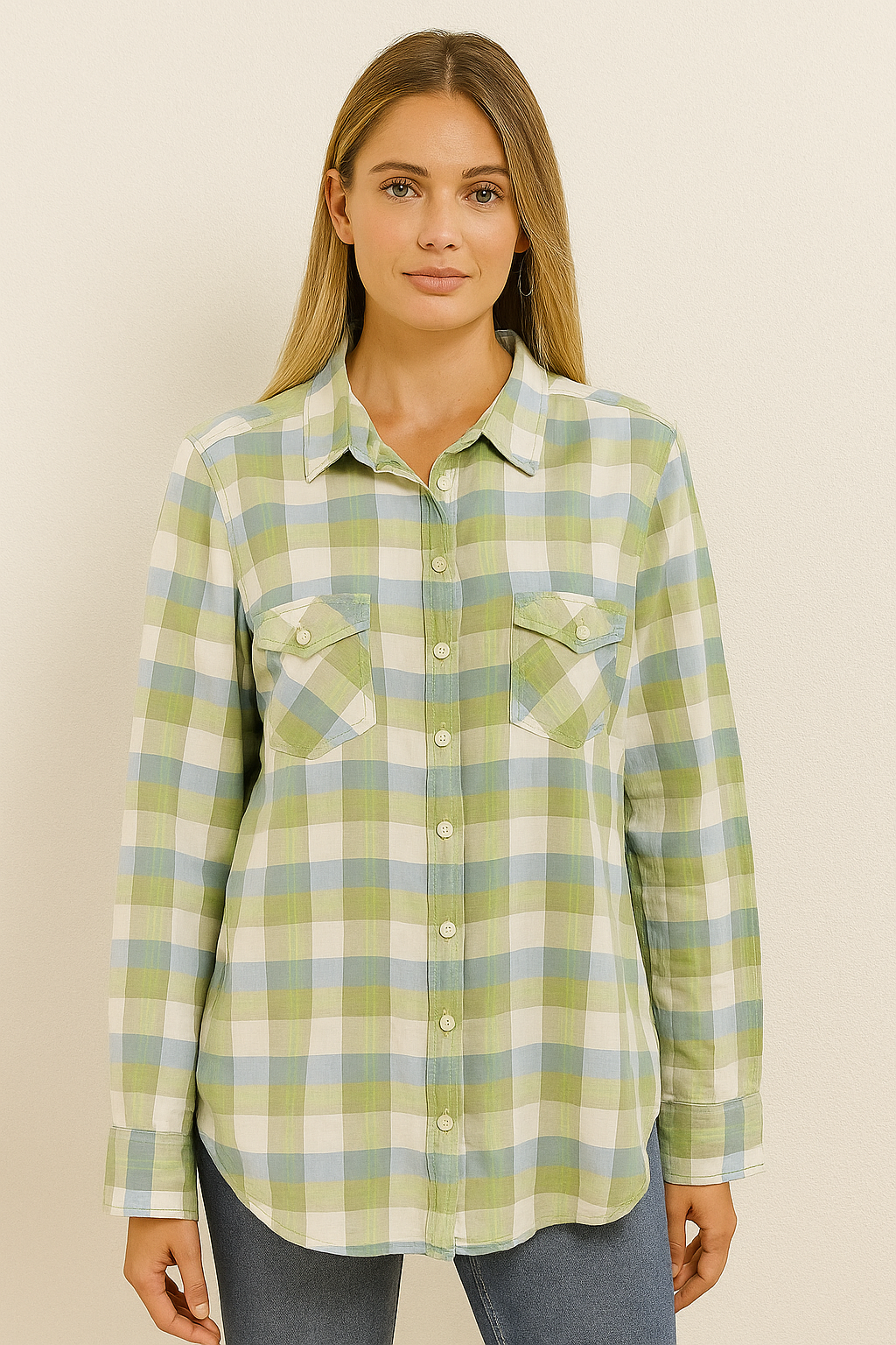 Women’s Casual Plaid Button-Down Shirt – Green & Blue Checks