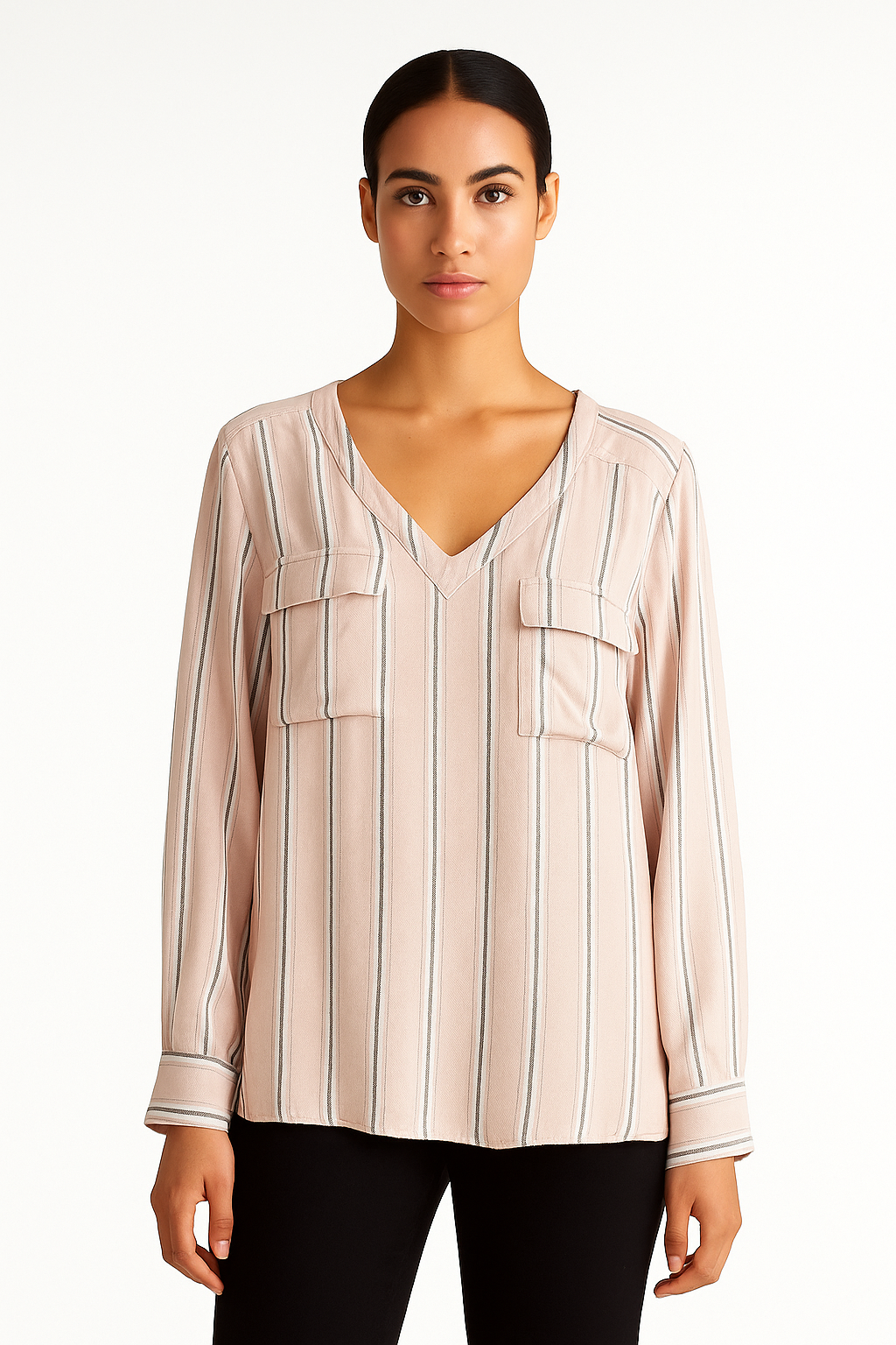 Women’s Striped V-Neck Blouse | Long Sleeve Casual Shirt with Front Pockets | Elegant Office & Everyday Wear