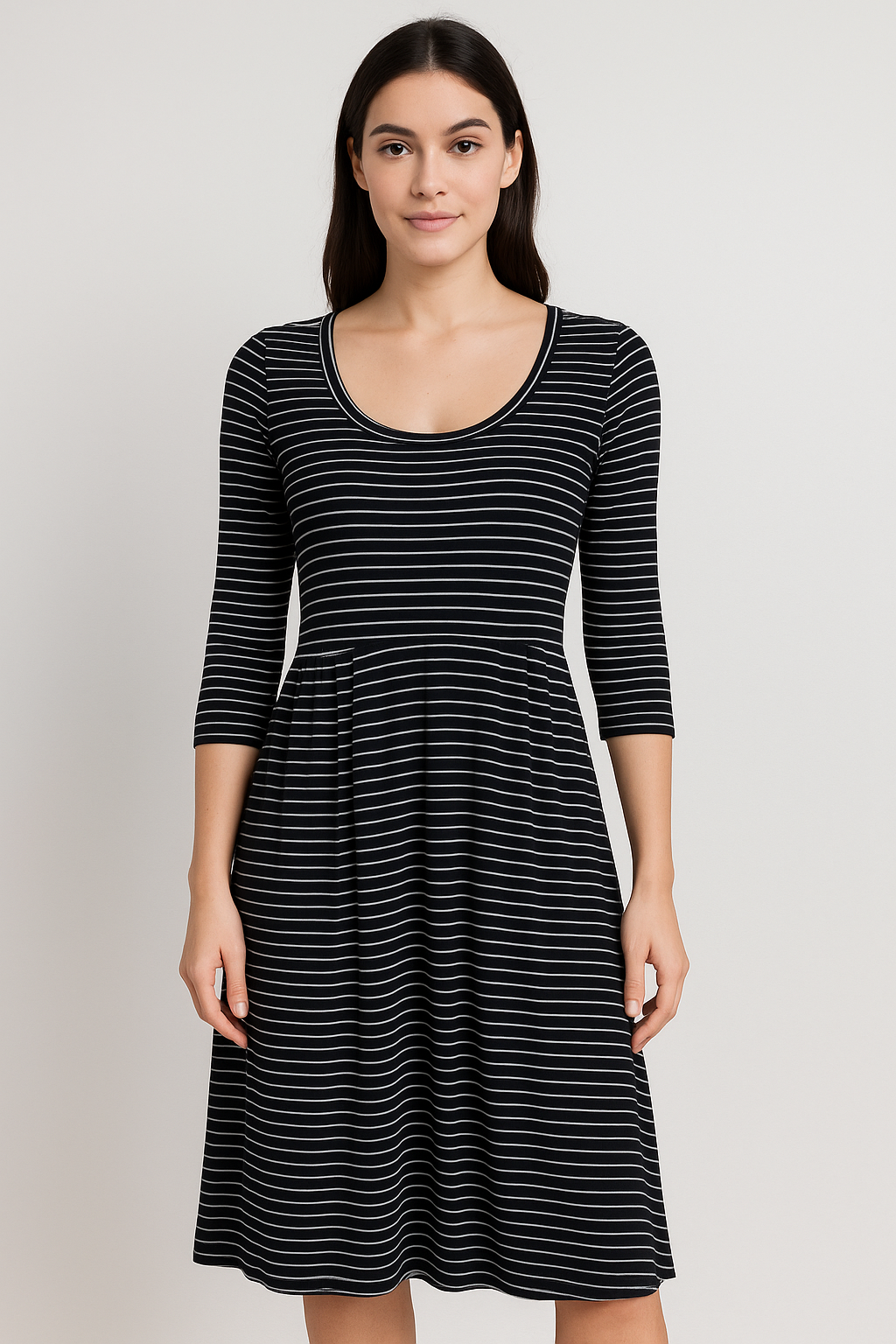Women's Black & White Striped Midi Dress – Stretchy Bodycon & Flared Fit, 3/4 Sleeve Casual & Office Wear