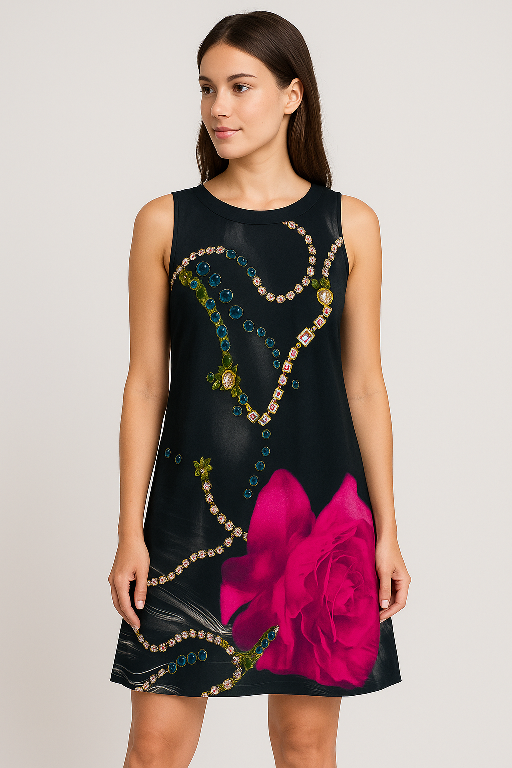 Elegant Black Sleeveless A-Line Dress with Jewel Chain Print & Bold Pink Rose Design ā Party & Casual Wear