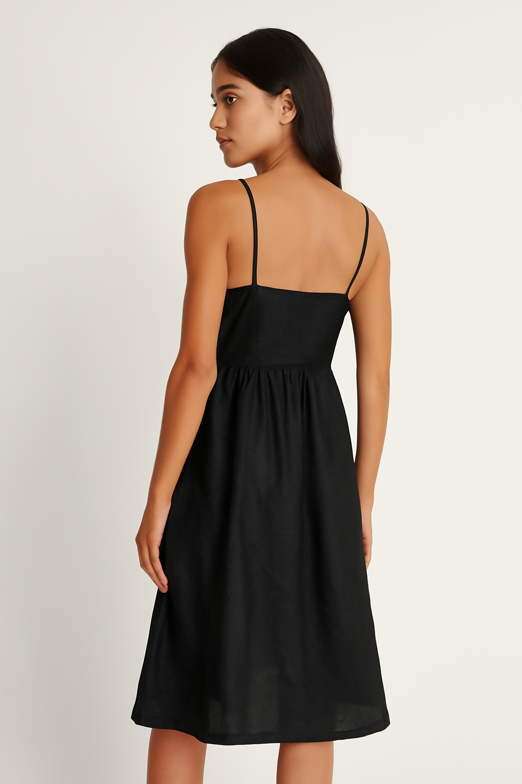 Elegant Black Sleeveless Midi Dress | V-Neck A-Line Sundress with Spaghetti Straps