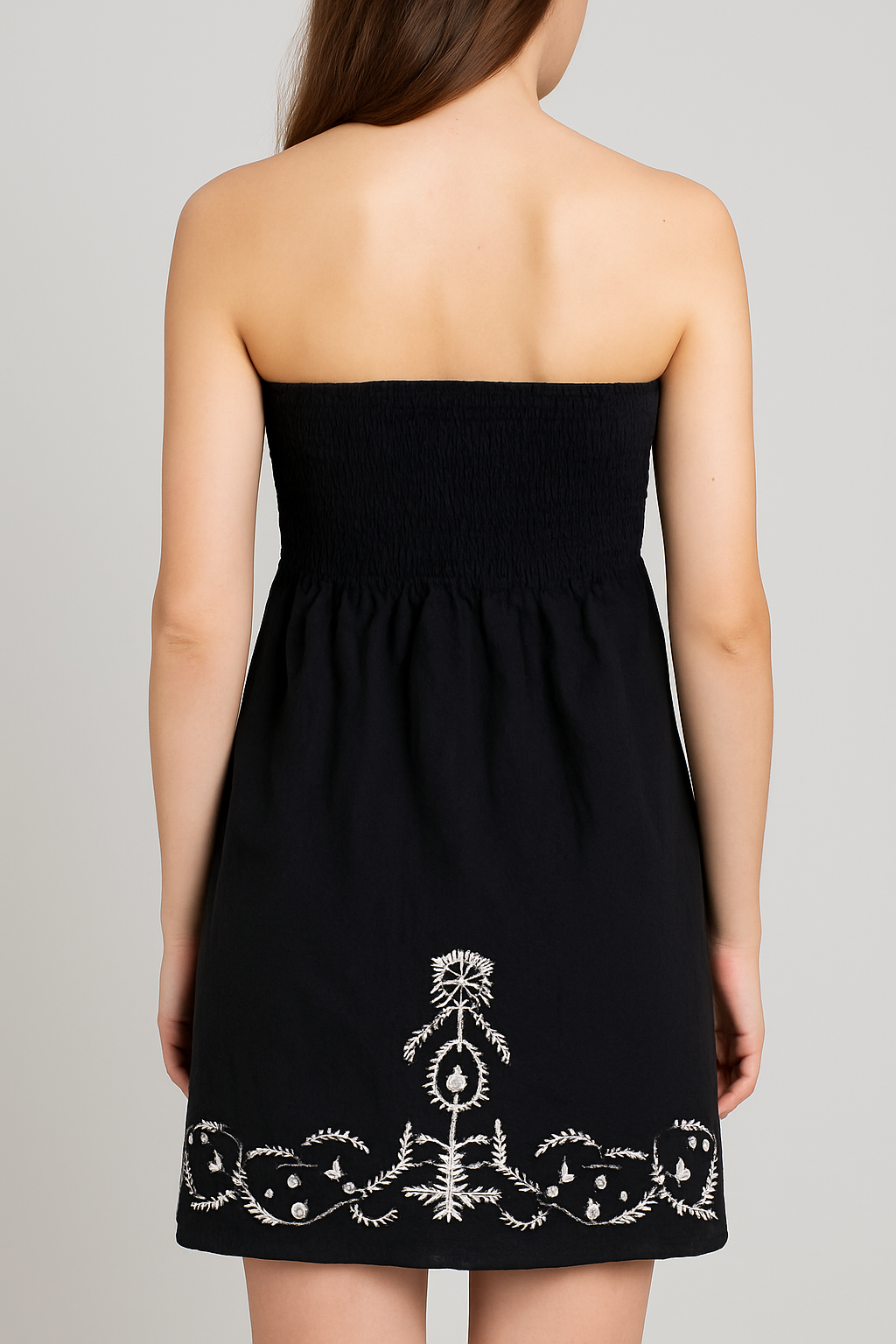 Women’s Black Strapless Embroidered Boho Dress | Smocked Tube Top Mini Dress for Beach, Party & Casual Wear Medium size dress