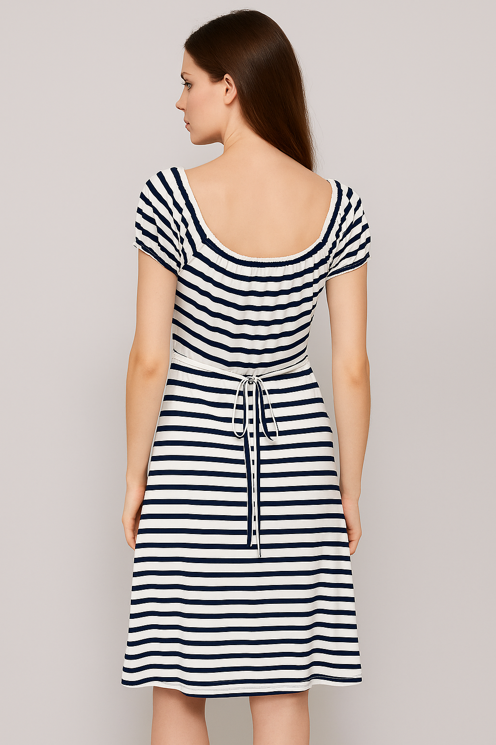 Women’s Navy Blue & White Striped A-Line Midi Dress | Casual Summer Dress with Short Sleeves & Knot Front Design