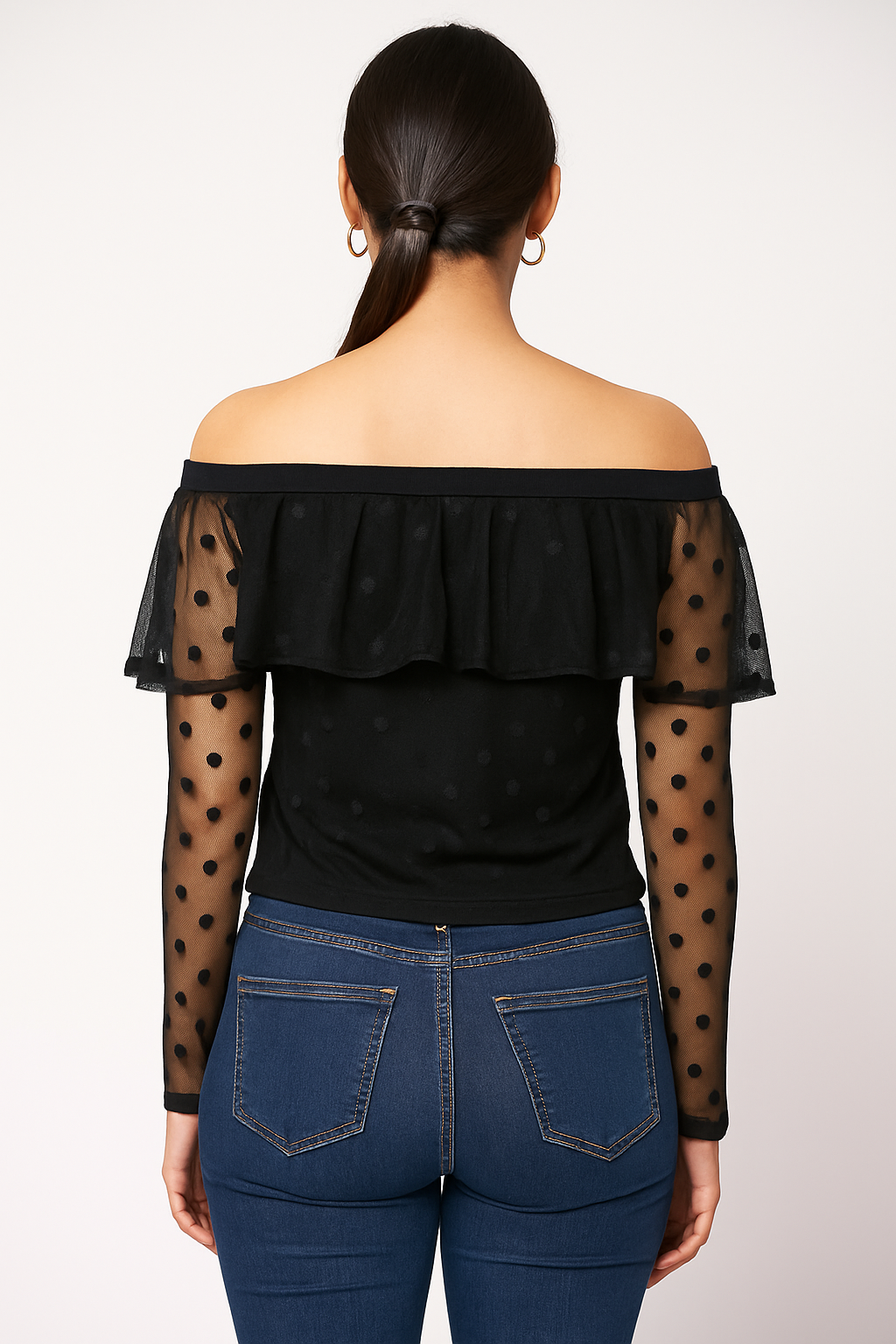 Women’s Black Off-Shoulder Top with Sheer Polka Dot Mesh Sleeves & Ruffle Detail