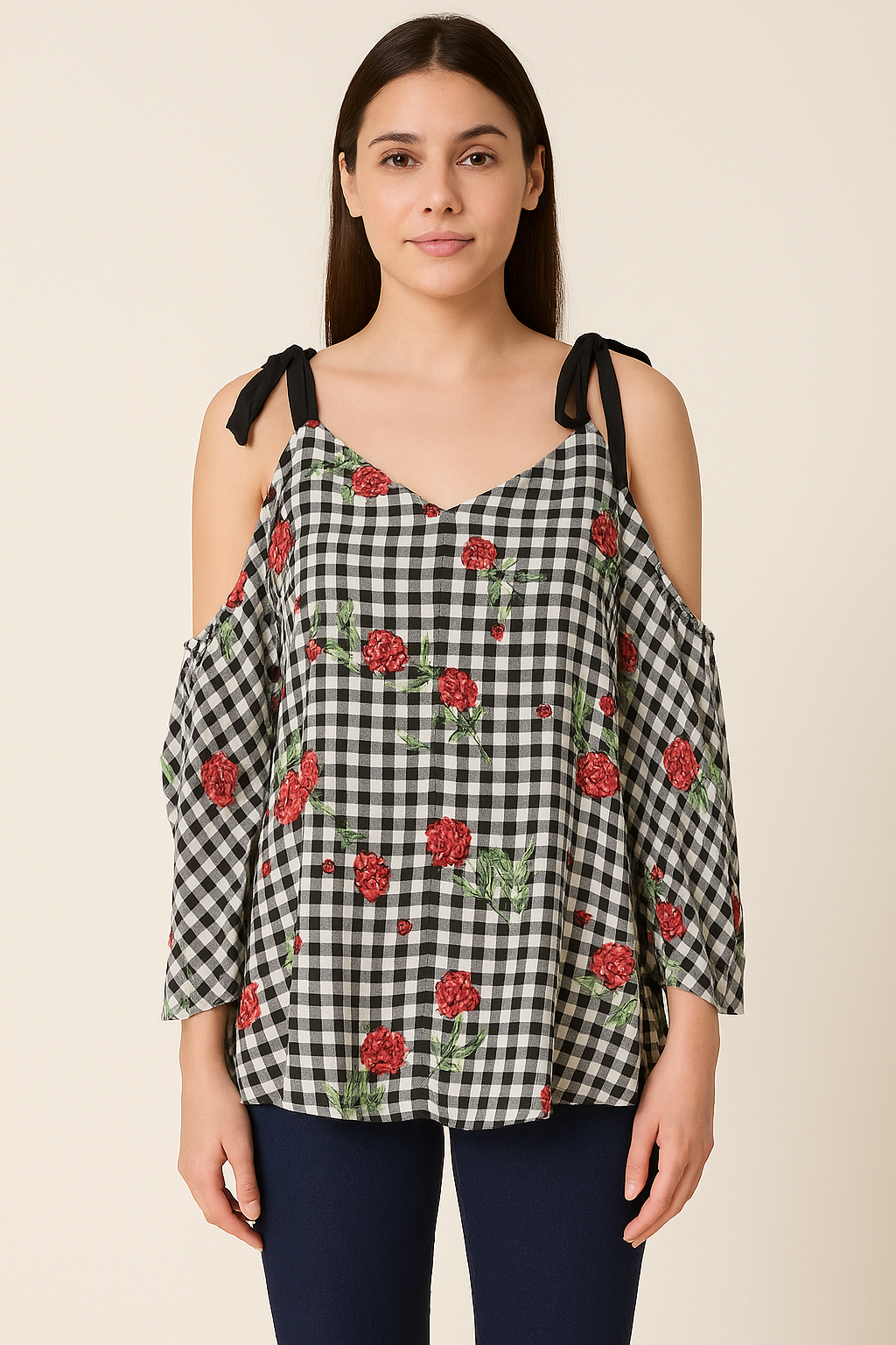 Women’s Cold Shoulder Gingham Top with Floral Print & Tie Straps