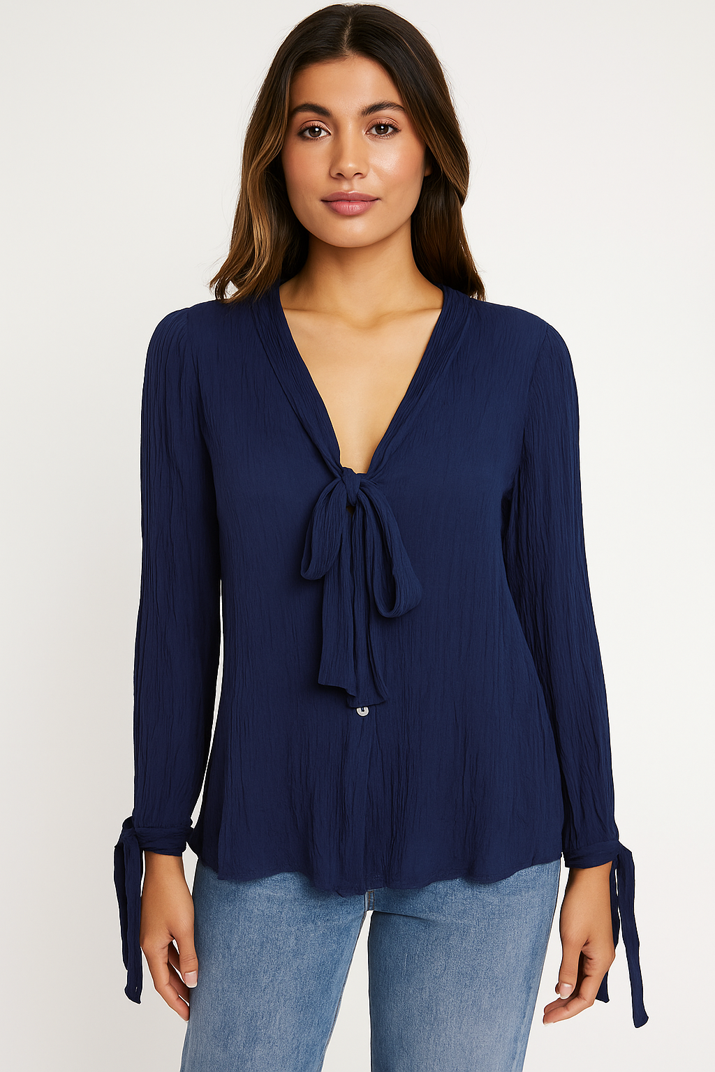 Women’s Navy Blue Tie-Neck Long Sleeve Blouse Top