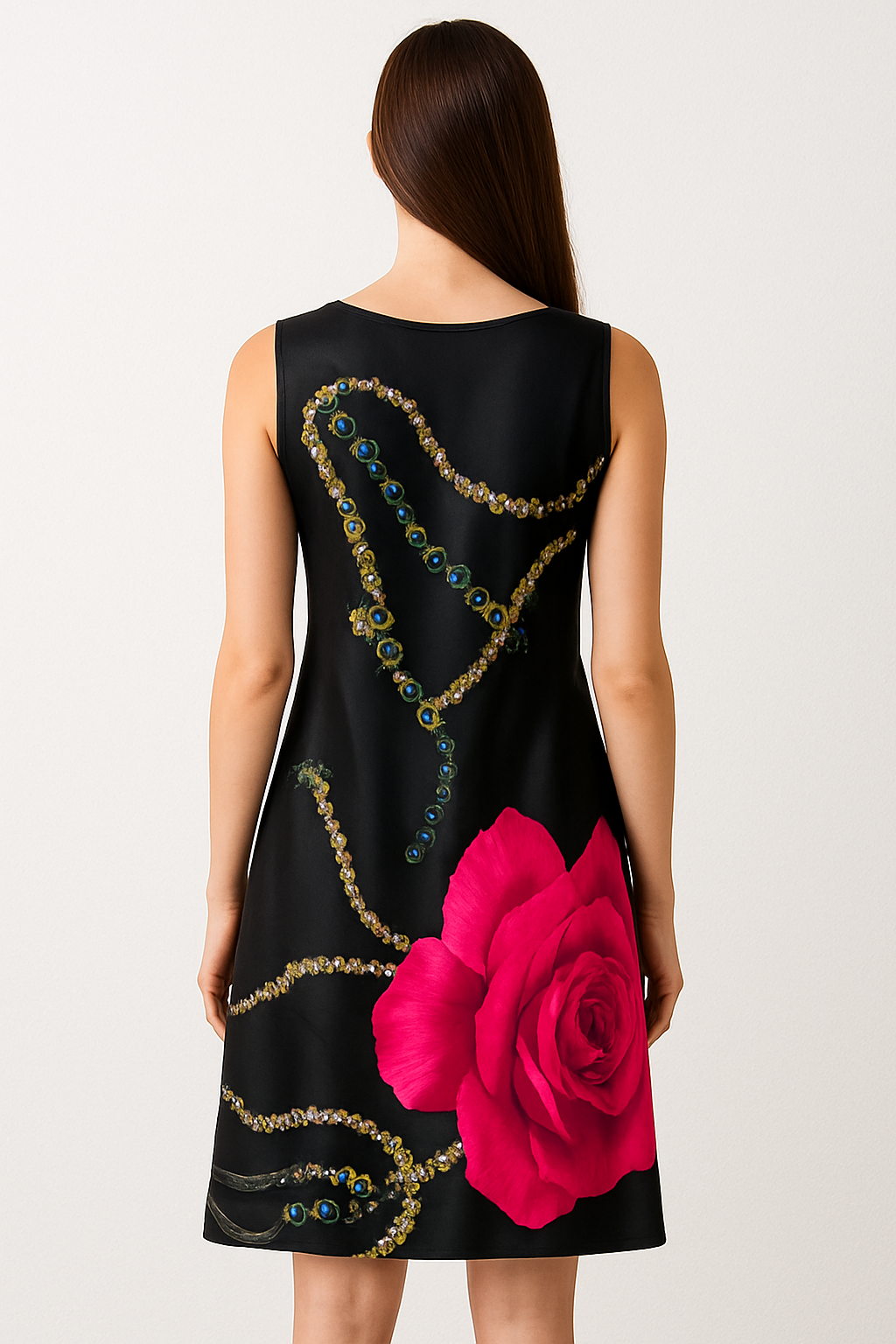 Elegant Black Sleeveless A-Line Dress with Jewel Chain Print & Bold Pink Rose Design – Party & Casual Wear