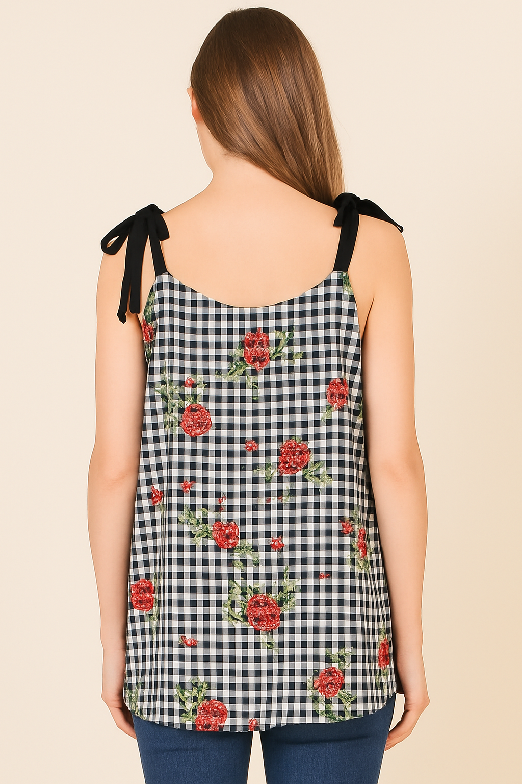 Women’s Cold Shoulder Gingham Top with Floral Print & Tie Straps