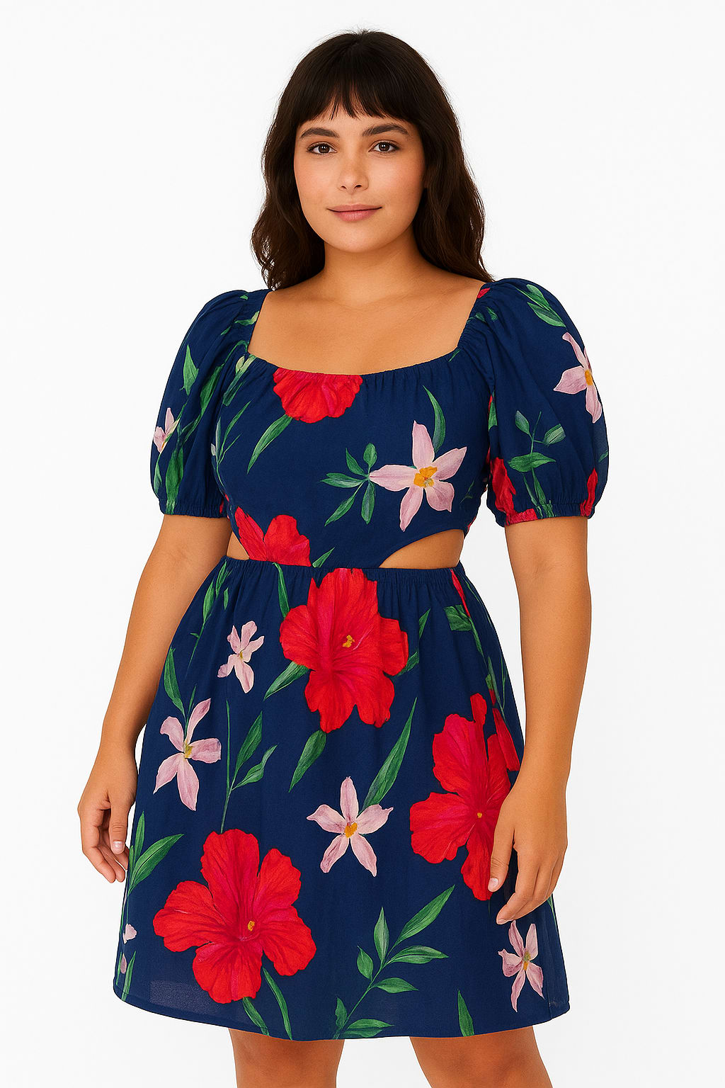 Chic Navy Blue Floral Puff Sleeve Cutout Mini Dress