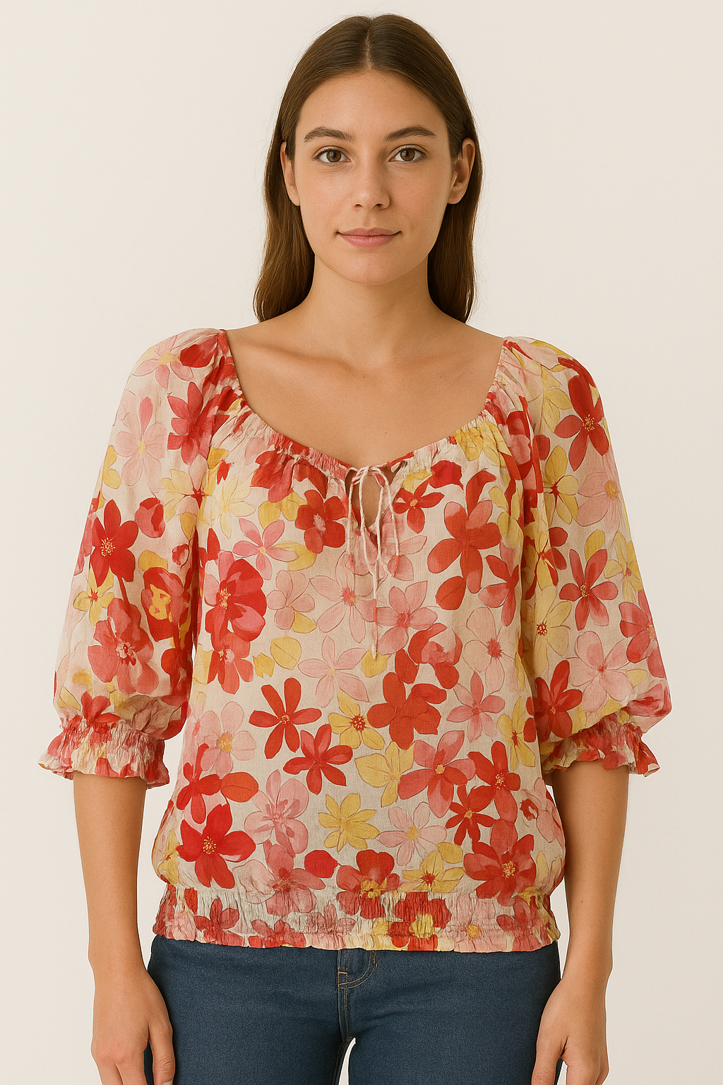 Women’s Floral Print Peasant Top – Boho Style 3/4 Sleeve Blouse with Tie Neck & Smocked Hem