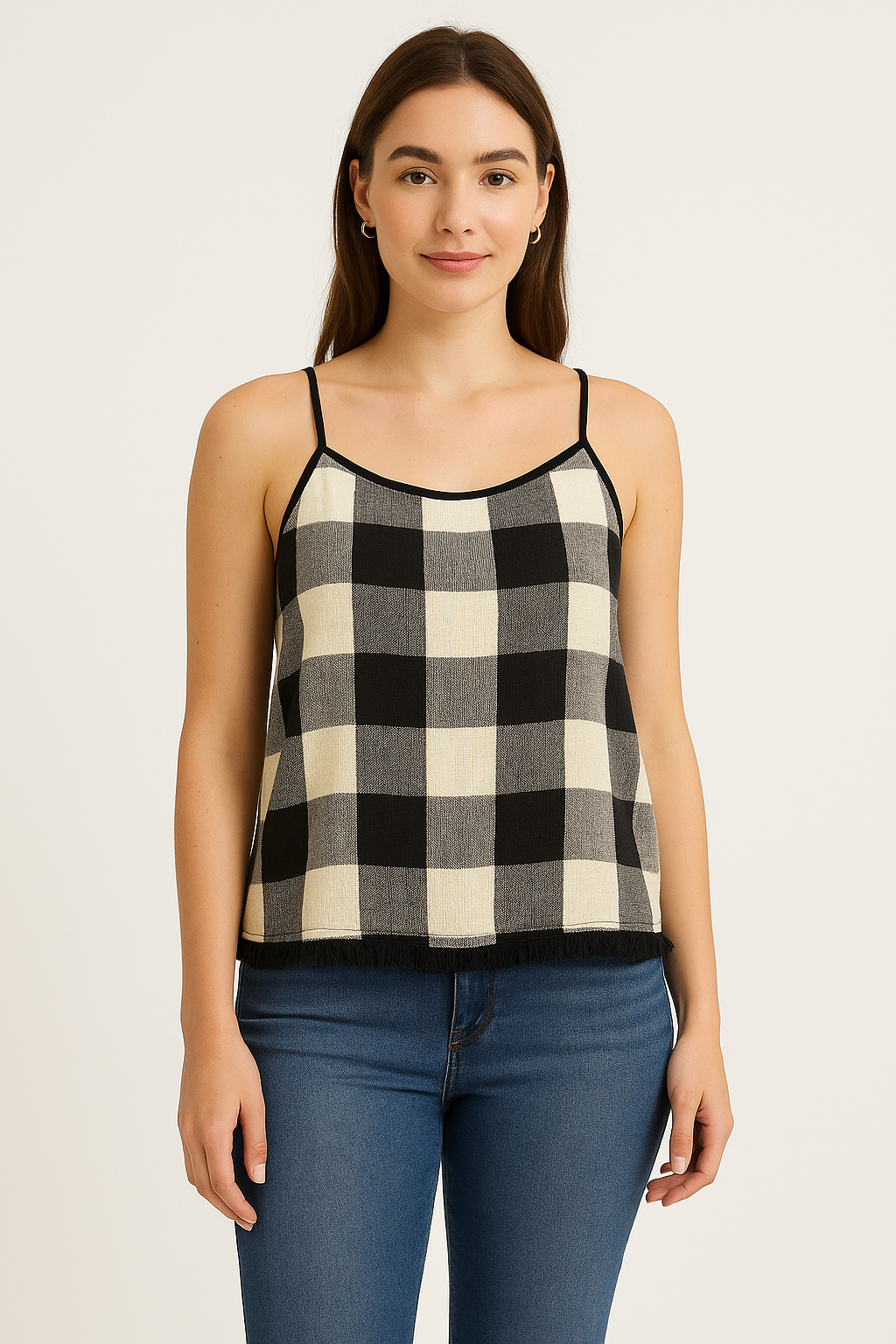 Women’s Checked Spaghetti Strap Crop Top – Black & Beige
