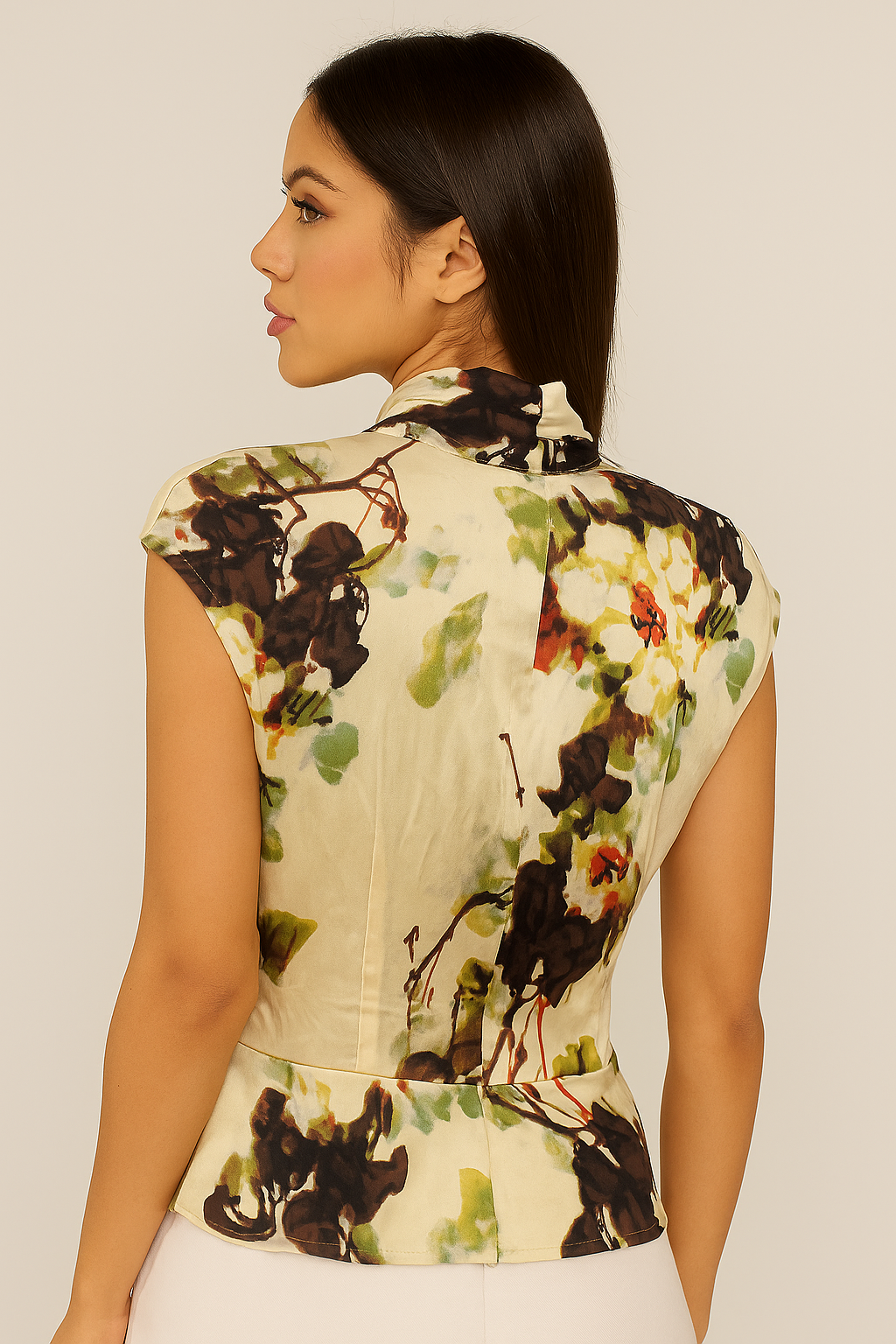 Elegant Floral Drape Neck Top – Soft & Stylish Sleeveless Top