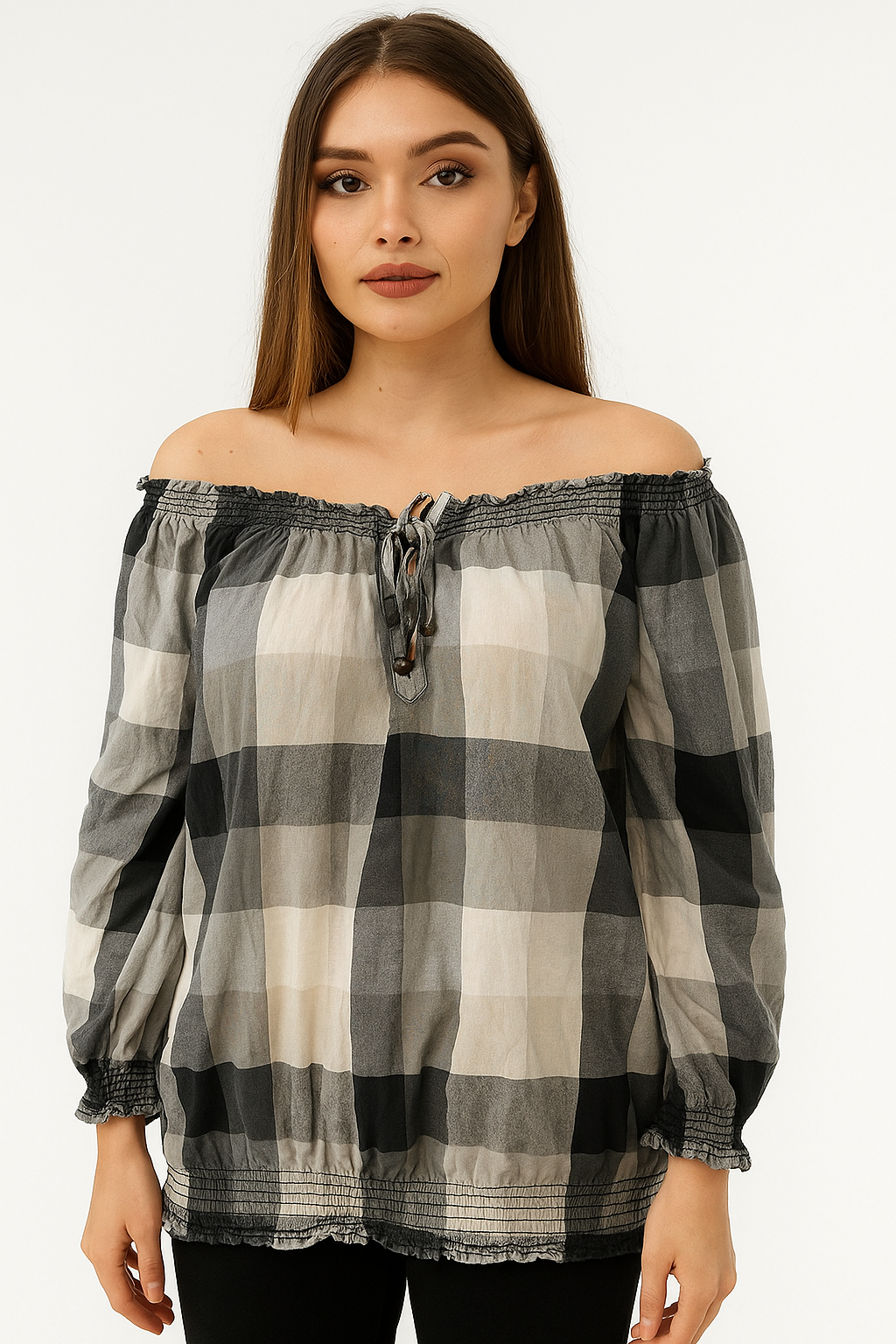Women’s Black & Grey Checkered Regular Off-Shoulder Peasant Top