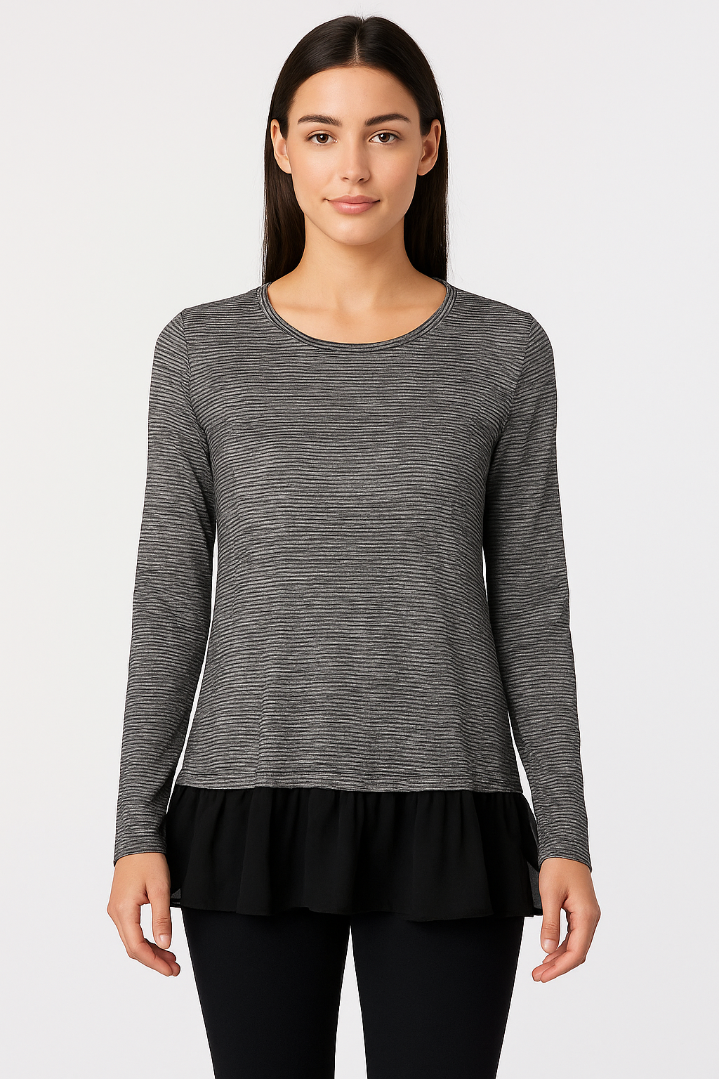 "Charcoal Stripe Knit Top with Ruffle Hem"