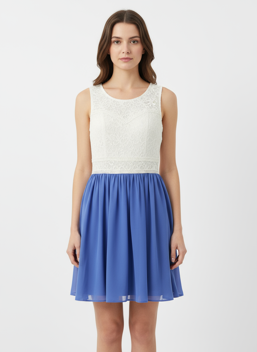 White Lace Sleeveless Fit & Flare Blue Chiffon Mini Dress
