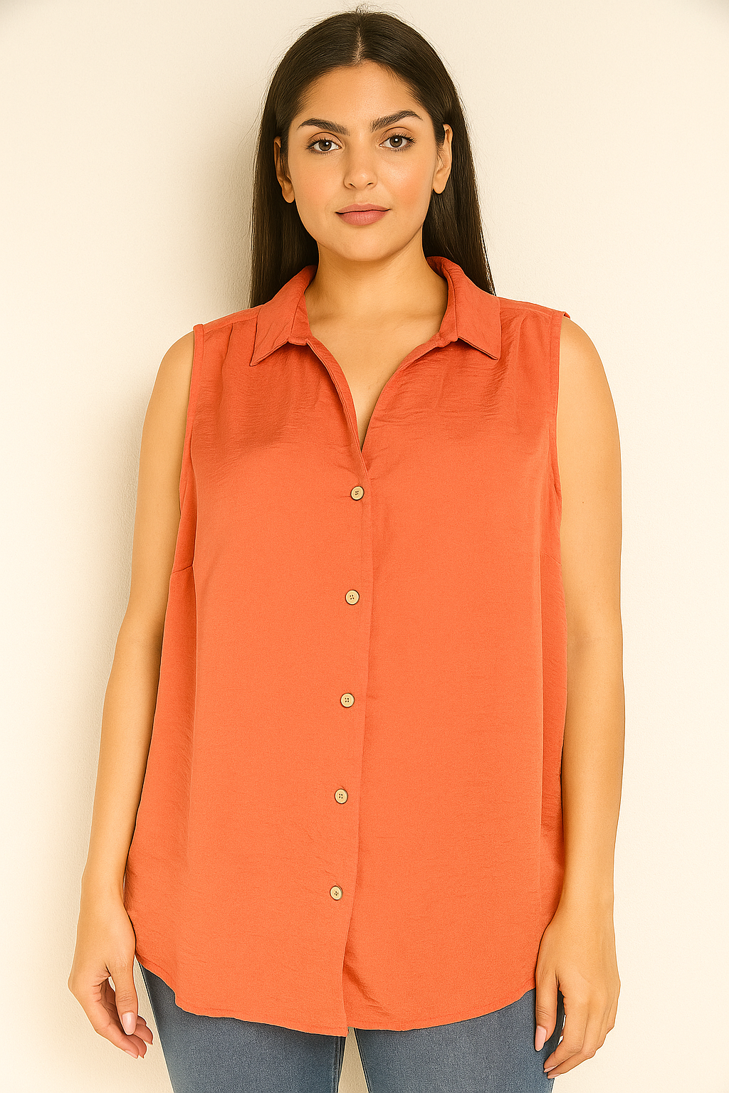 Rust Orange Sleeveless Button-Down Shirt