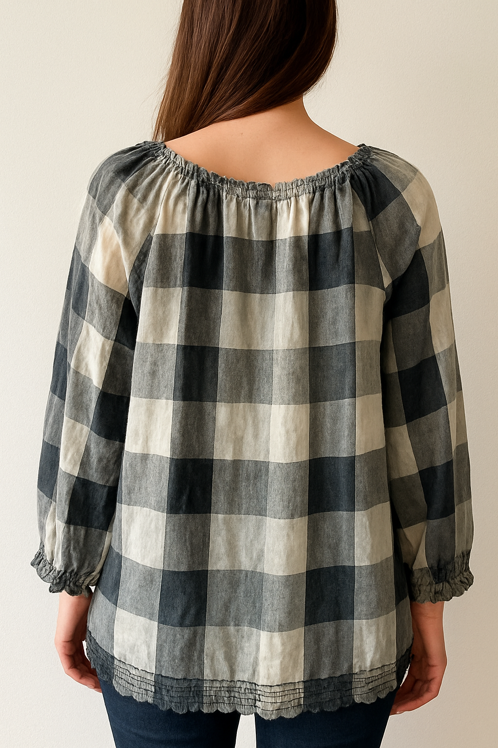 Women’s Black & Grey Checkered Regular Off-Shoulder Peasant Top