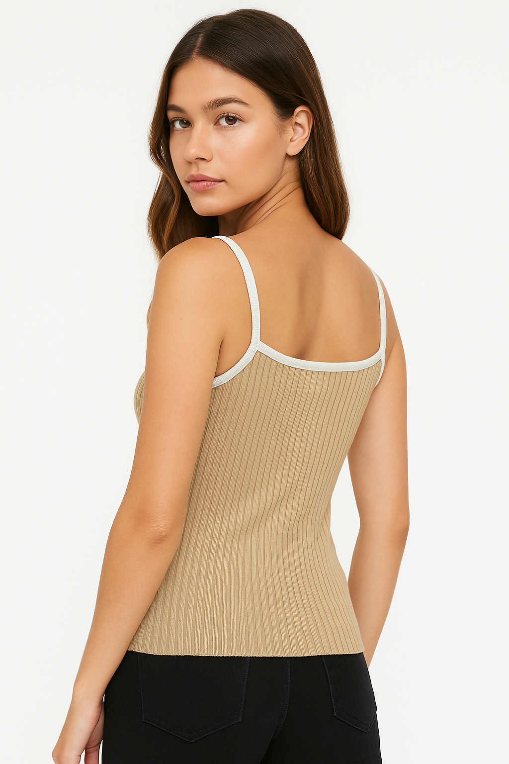 Women’s Beige Ribbed Knit Camisole Top – Casual Slim Fit Spaghetti Strap Tank