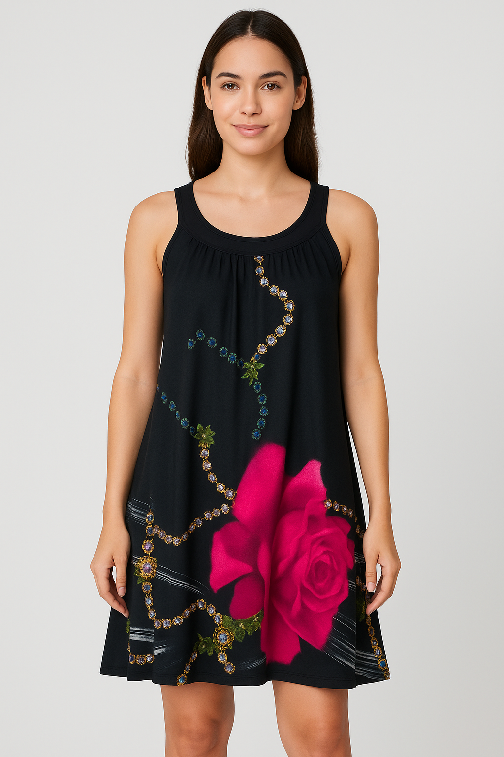 Elegant Black Sleeveless A-Line Dress with Jewel Chain Print & Bold Pink Rose Design – Party & Casual Wear