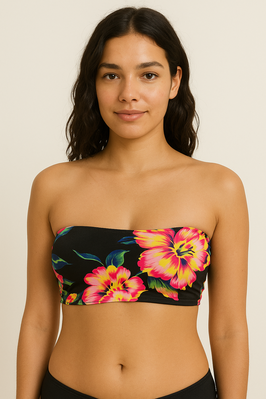 Women’s Black Strapless Floral Print Bandeau Bralette bikini Bra