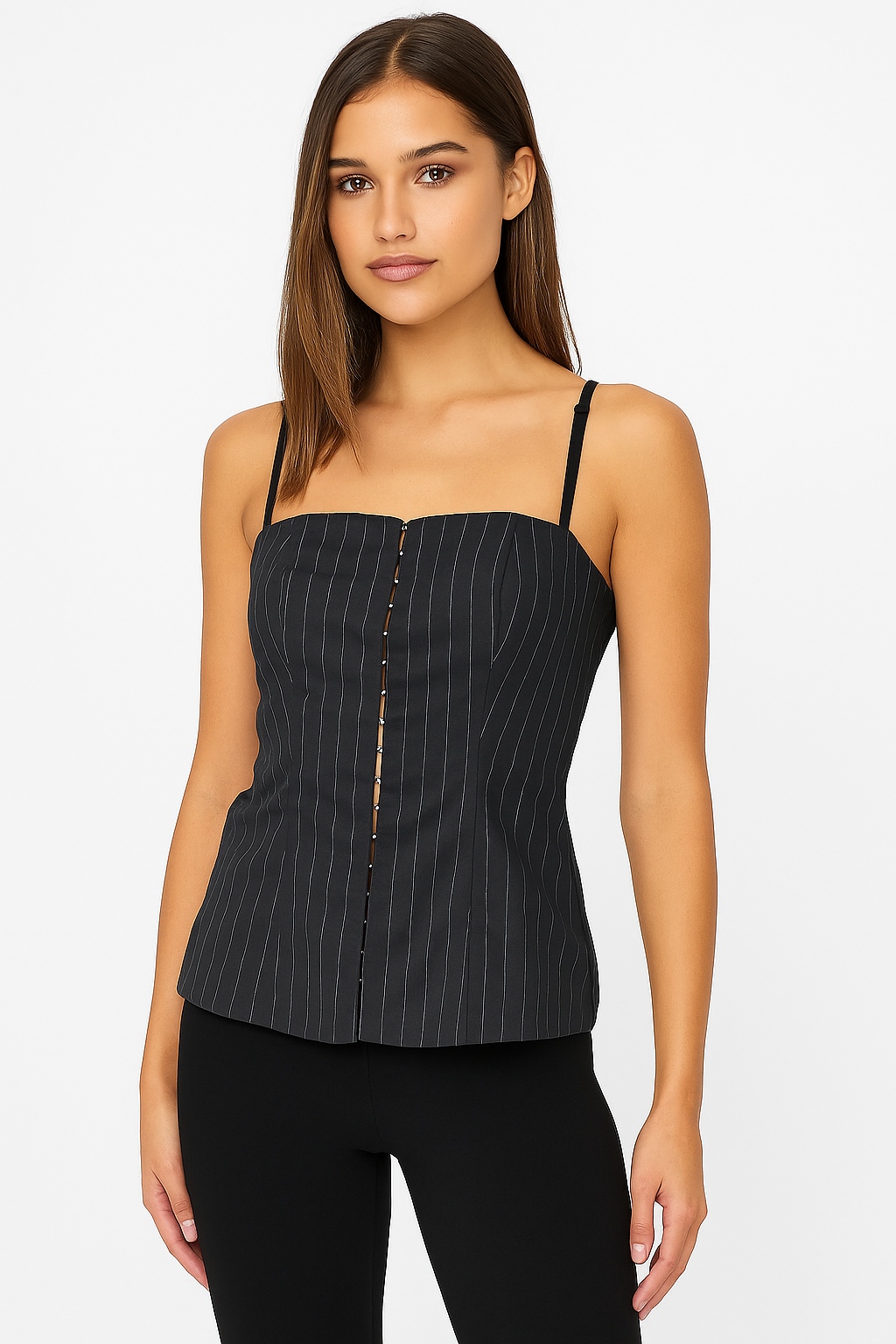 Women’s Black Pinstripe Corset Style Top with Adjustable Straps
