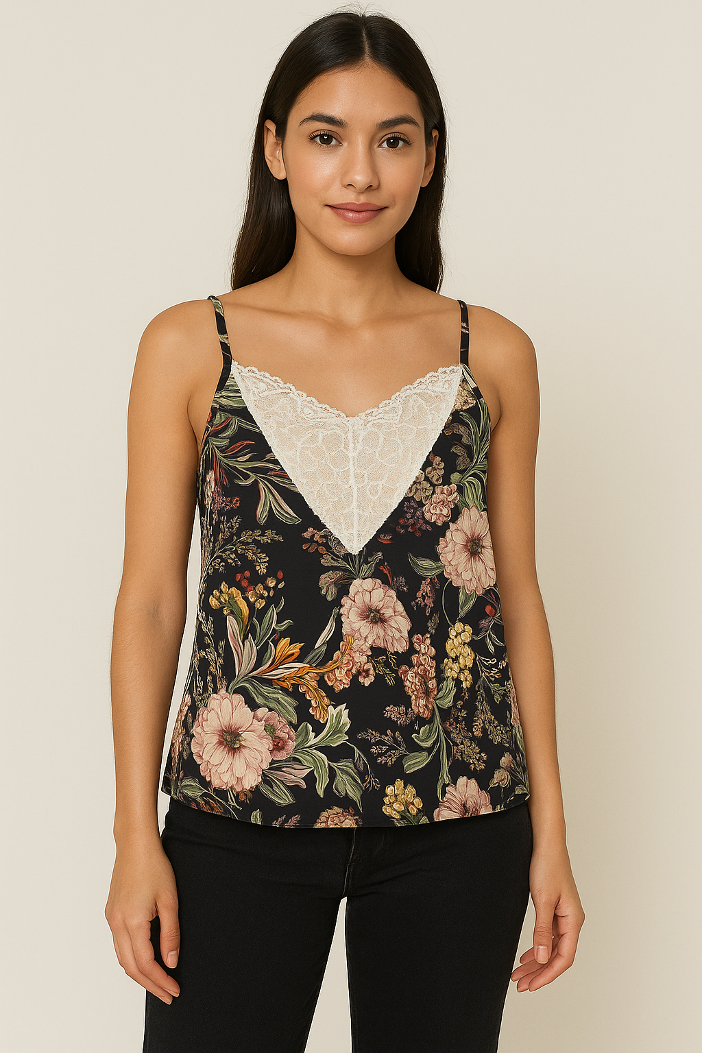 Elegant Floral Lace-Trim Cami Top – Black