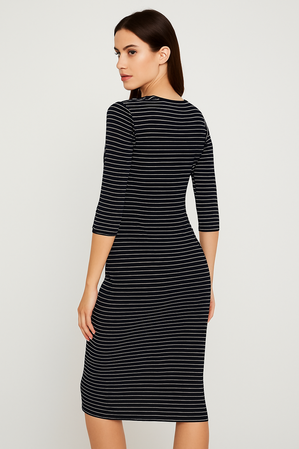 Women's Black & White Striped Midi Dress – Stretchy Bodycon & Flared Fit, 3/4 Sleeve Casual & Office Wear