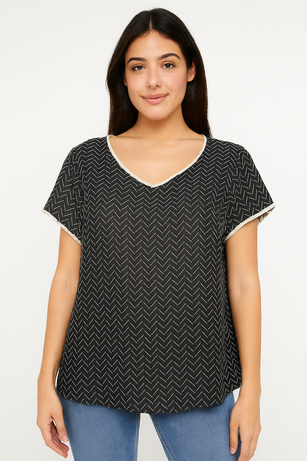Women’s Black Printed V-Neck Short Sleeve Top