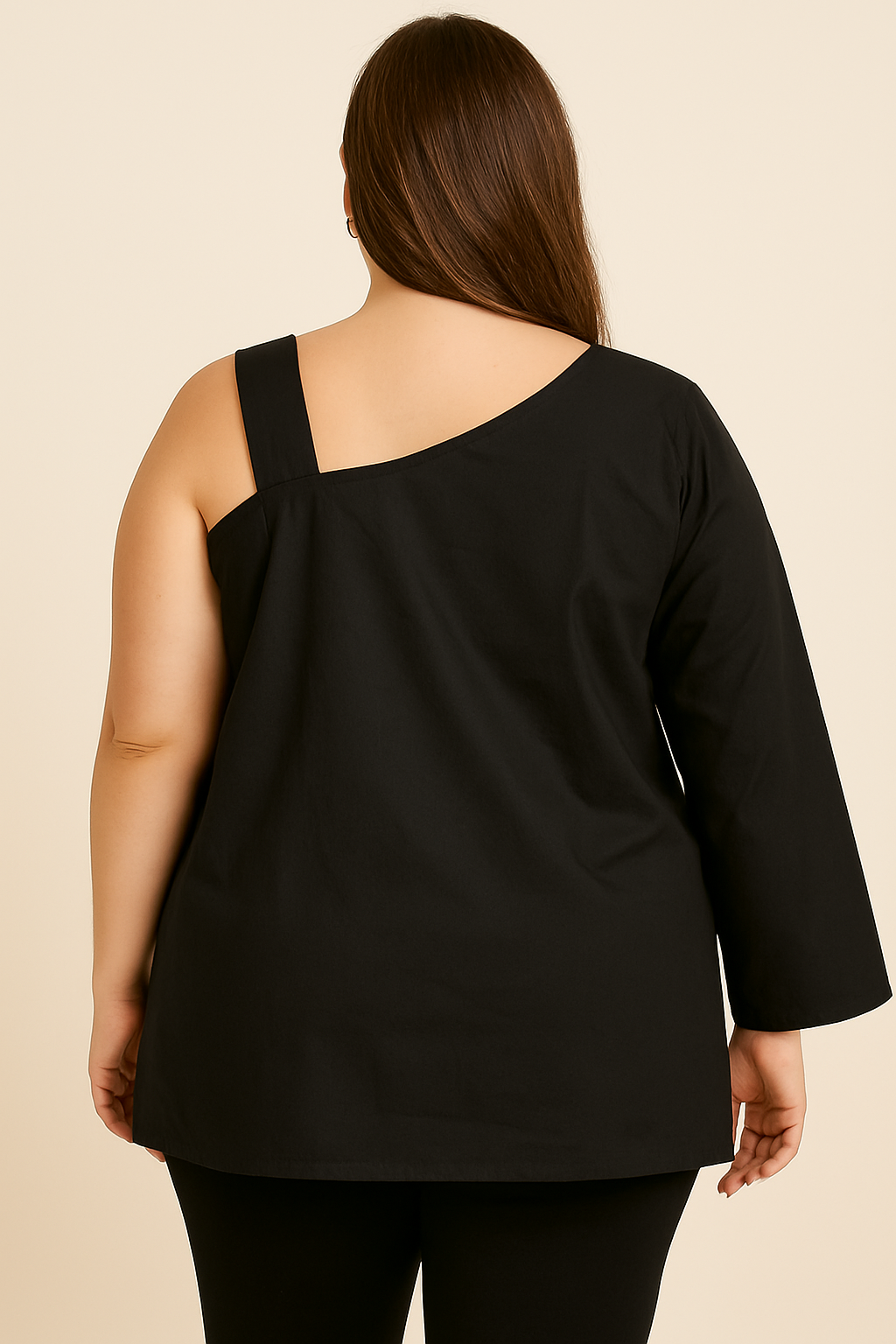 Women’s Plus Size Black One Shoulder Top – Stylish Asymmetric Sleeve Blouse