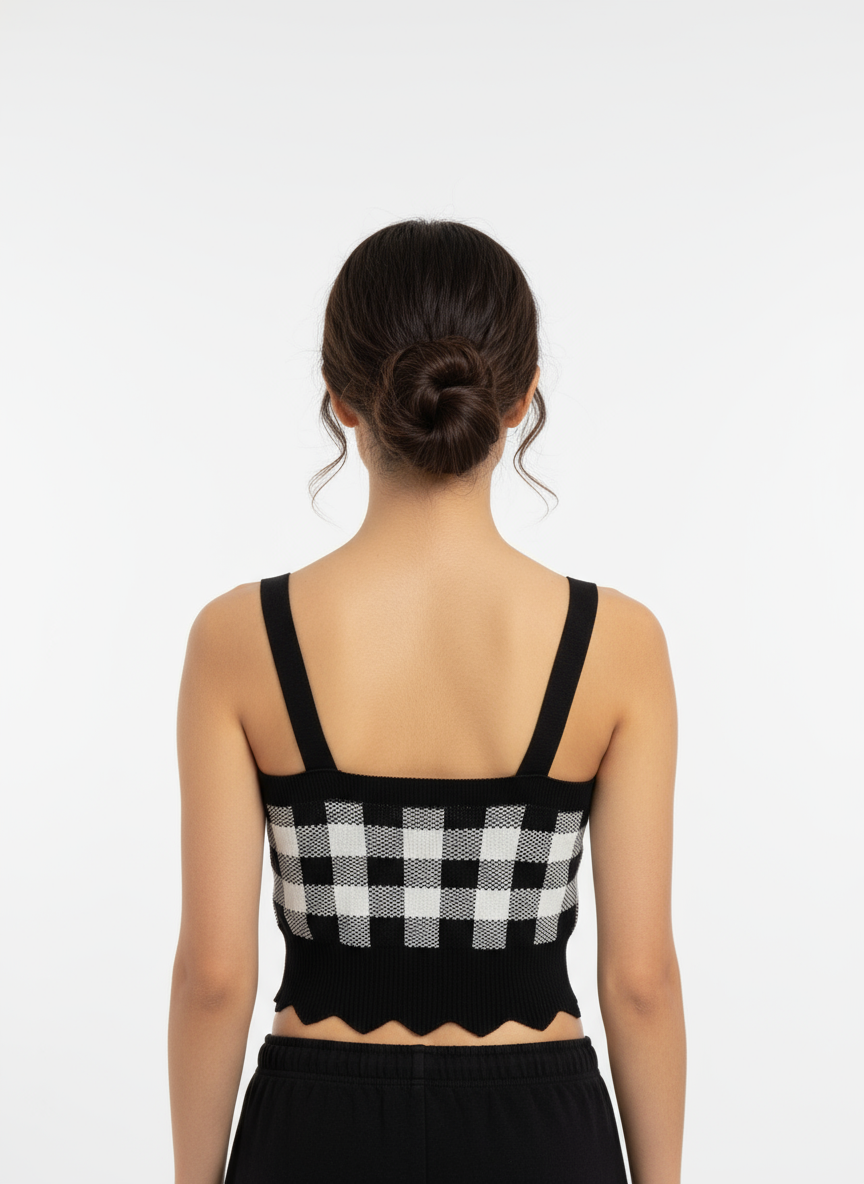 Checkered Knit Crop Top – Black & White Sleeveless Chic