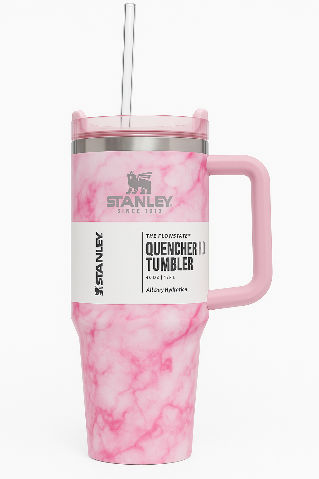 Stanley Quencher H2.0 Tumbler with Handle and Straw 40 oz | Flowstate 3-Position Lid | Cup Holder Compatible for Travel | Insulated Stainless Steel Cup | BPA-Free | Printed Pink Marble Edition