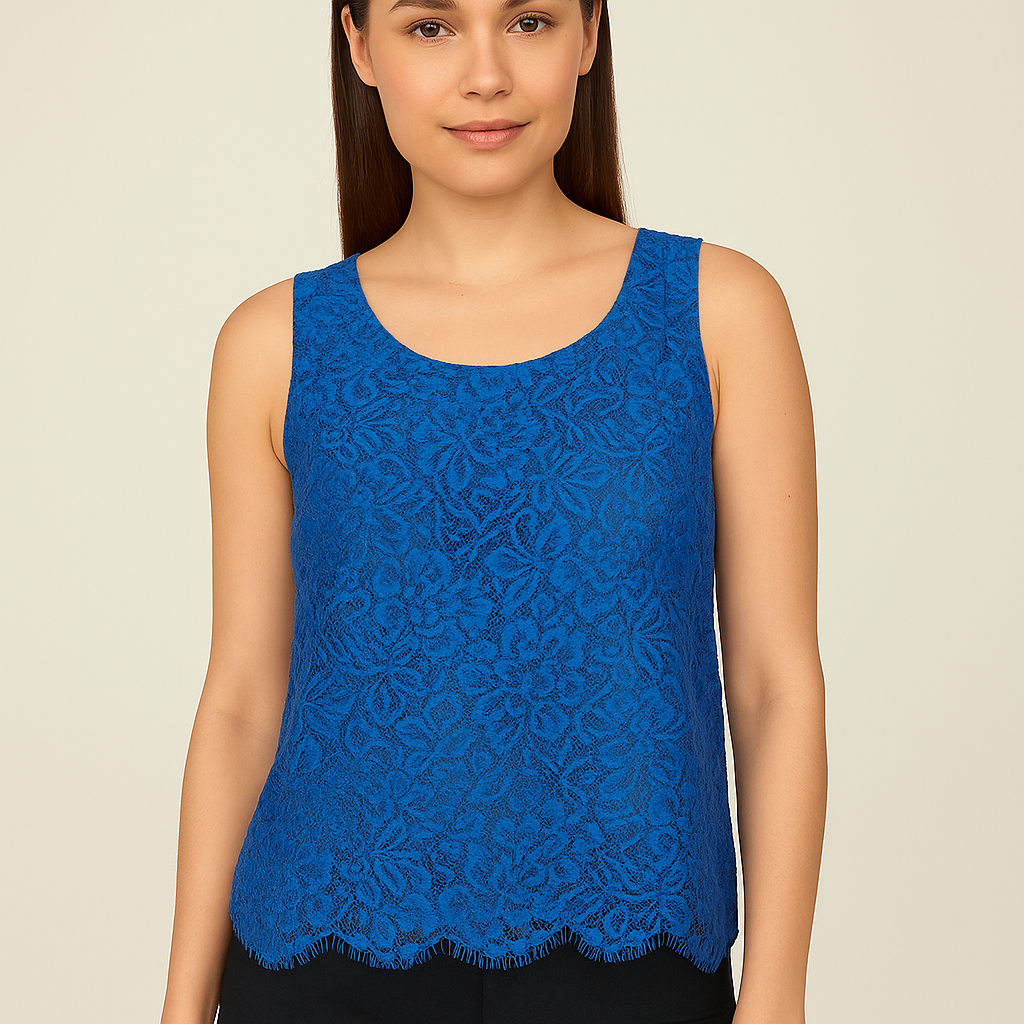 Women's Sleeveless Blue Floral Lace Top – Elegant Round Neck Blouse with Scalloped Hem