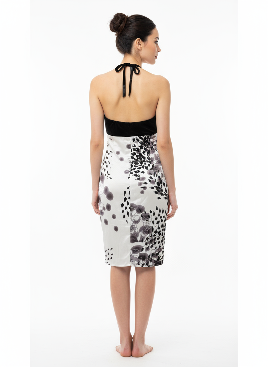 Chic Black & White Abstract Print Halter Neck Dress