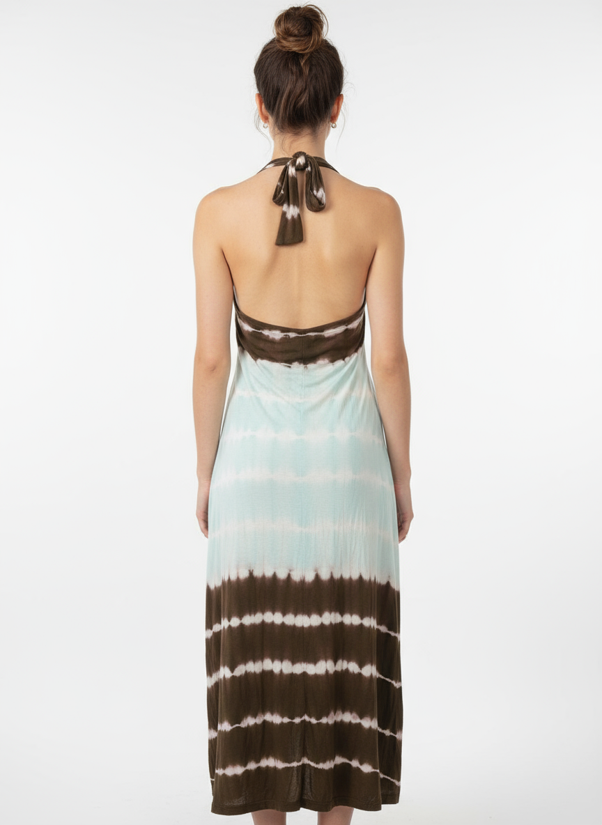 Brown & Blue Tie-Dye Sleeveless Knee-Length Dress – Halter Back