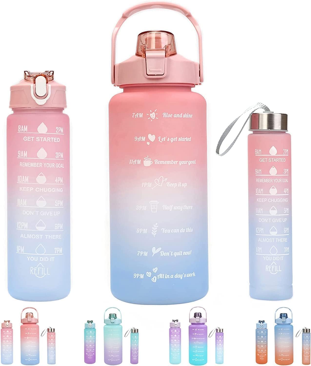 Motivational Water Bottle Set of 3 (2000ml, 900ml & 300ml) with Time Marker & Straw | BPA-Free, Unbreakable, Leakproof, Non-Toxic Sipper Bottle for Gym, Sports, Office & School (Multicolor)