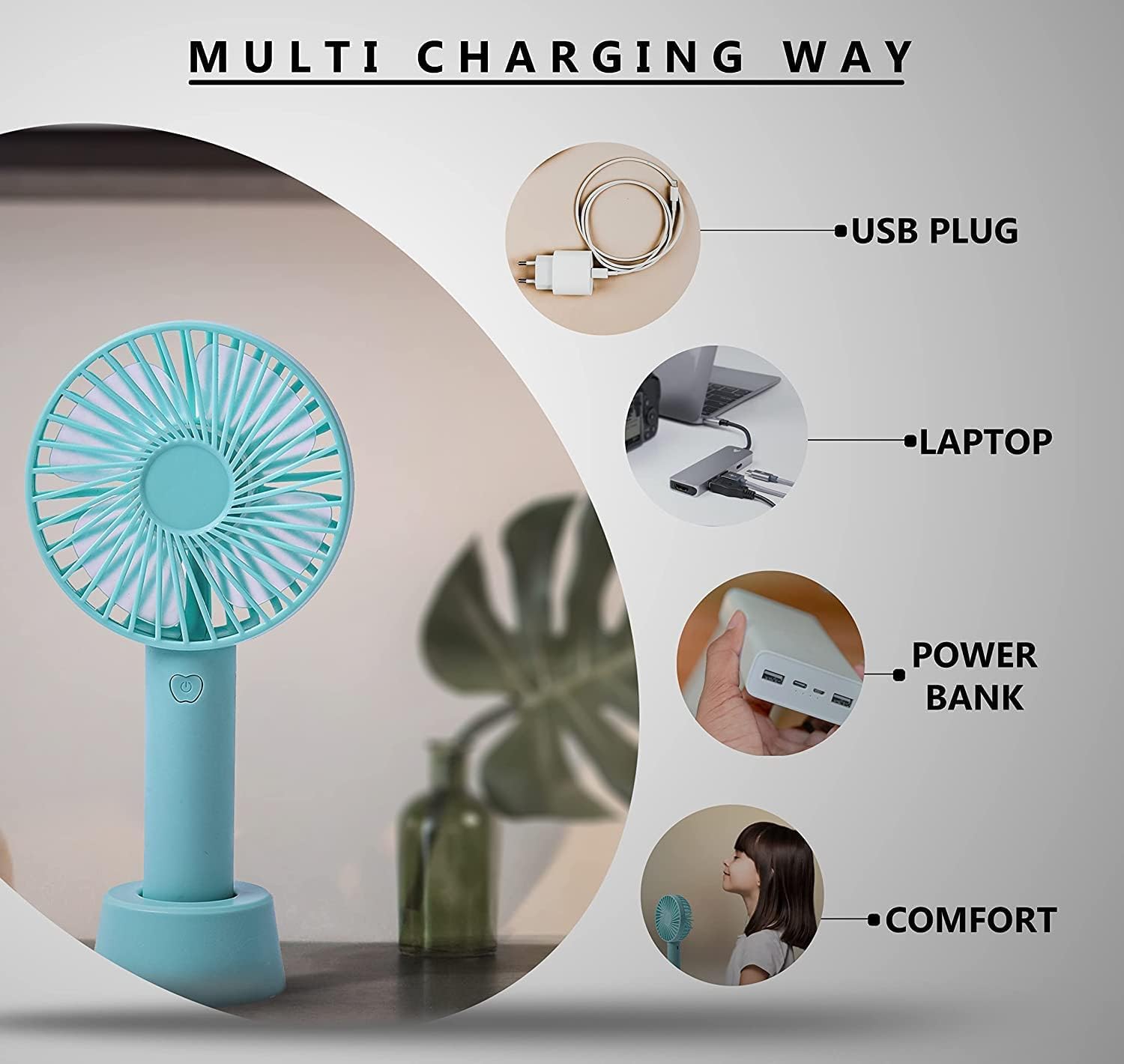 Mini Portable USB Hand Fan with Stand | Rechargeable 1200mAh Battery | 3-Speed High-Speed Cooling Fan | Up to 3 Hours Runtime | Desktop, Table & Travel Fan for Home, Office & Outdoor Use (Multicolour)