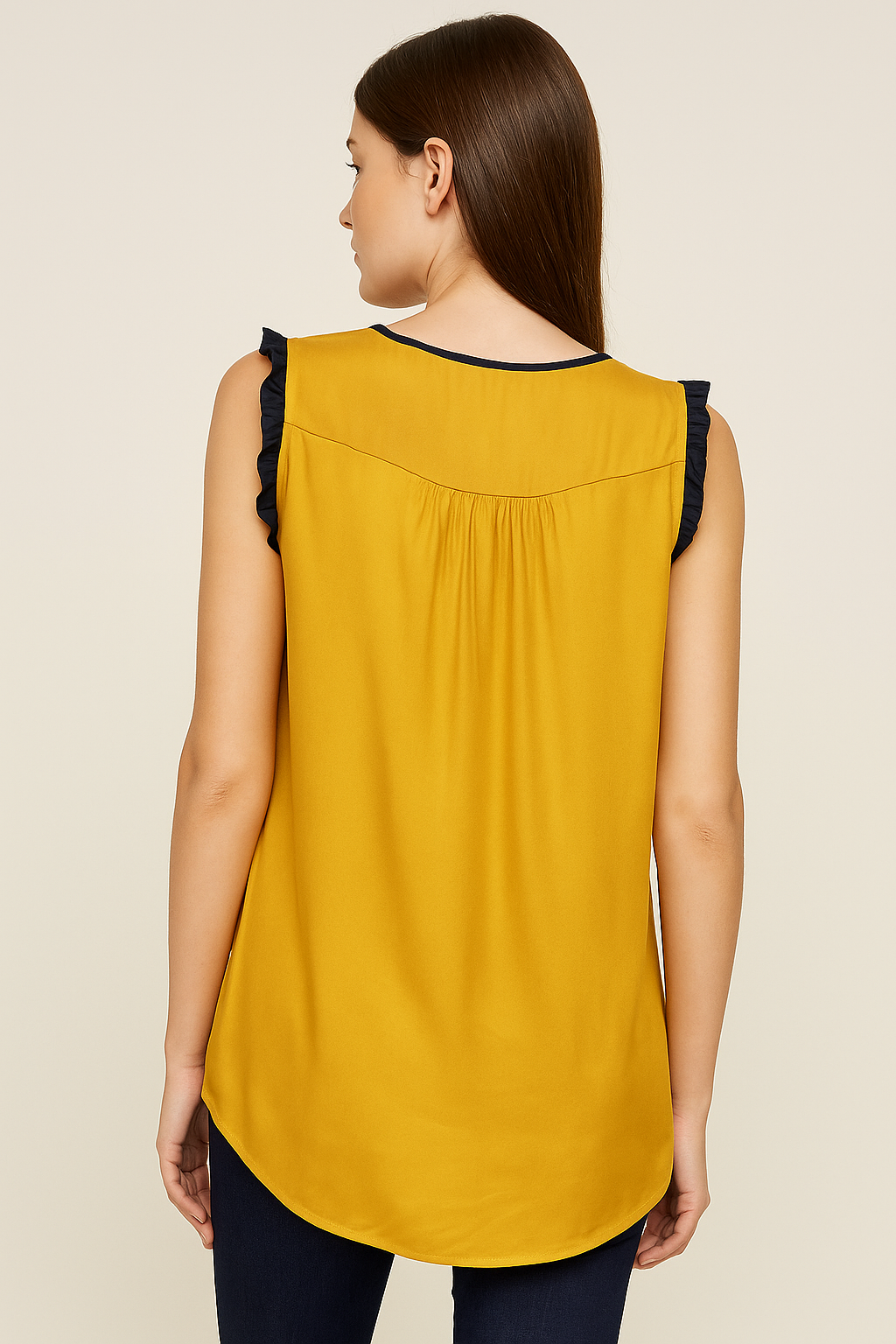Women’s Mustard Yellow Sleeveless Embroidered Ruffle Top