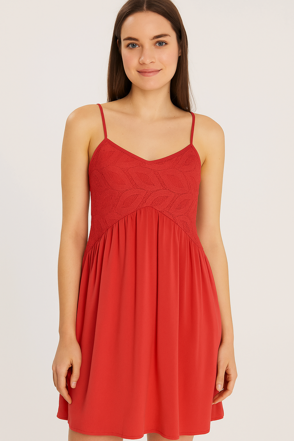 Women's Rust Orange Sleeveless A-Line Mini Dress with Crochet Lace Bodice & Spaghetti Straps