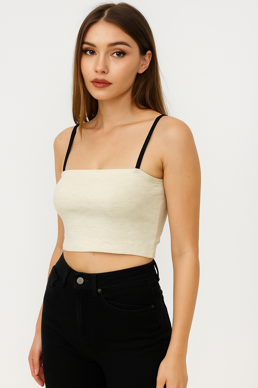 Women’s Ribbed Crop Cami Top with Contrast Straps – Beige