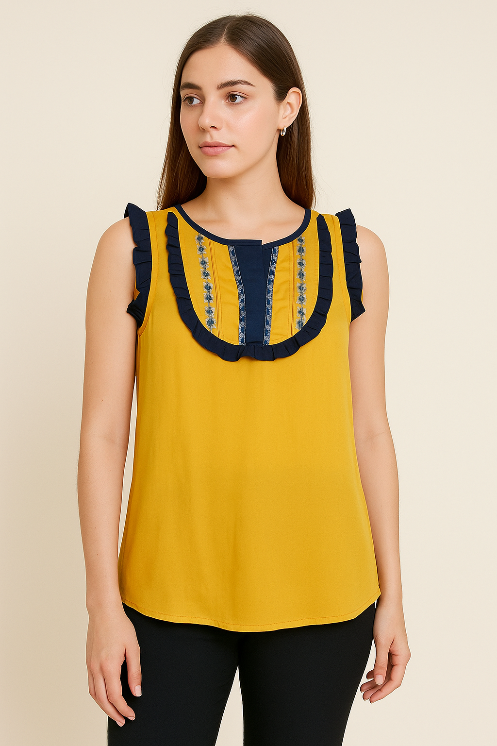 Women’s Mustard Yellow Sleeveless Embroidered Ruffle Top